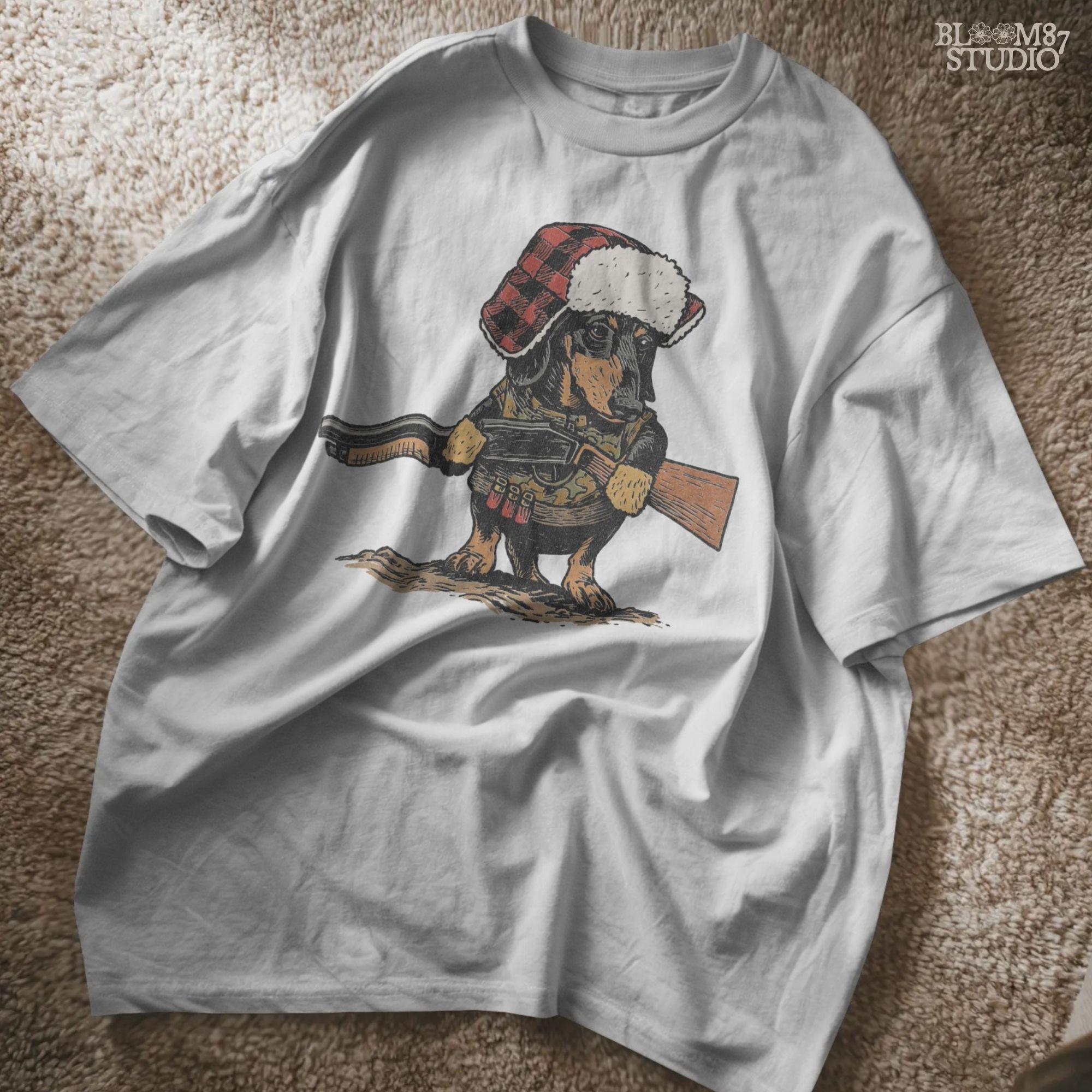 Solid Version:
Vintage illustration of a dachshund wearing a plaid trapper hat and holding a rifle, funny sublimation PNG for hunting-themed crafts and rustic lodge art.

Distressed Version:
Distressed artwork of a hunting dachshund in plaid hat with rifle, quirky sublimation PNG for rustic lodge decor, humorous shirts, and pet designs.