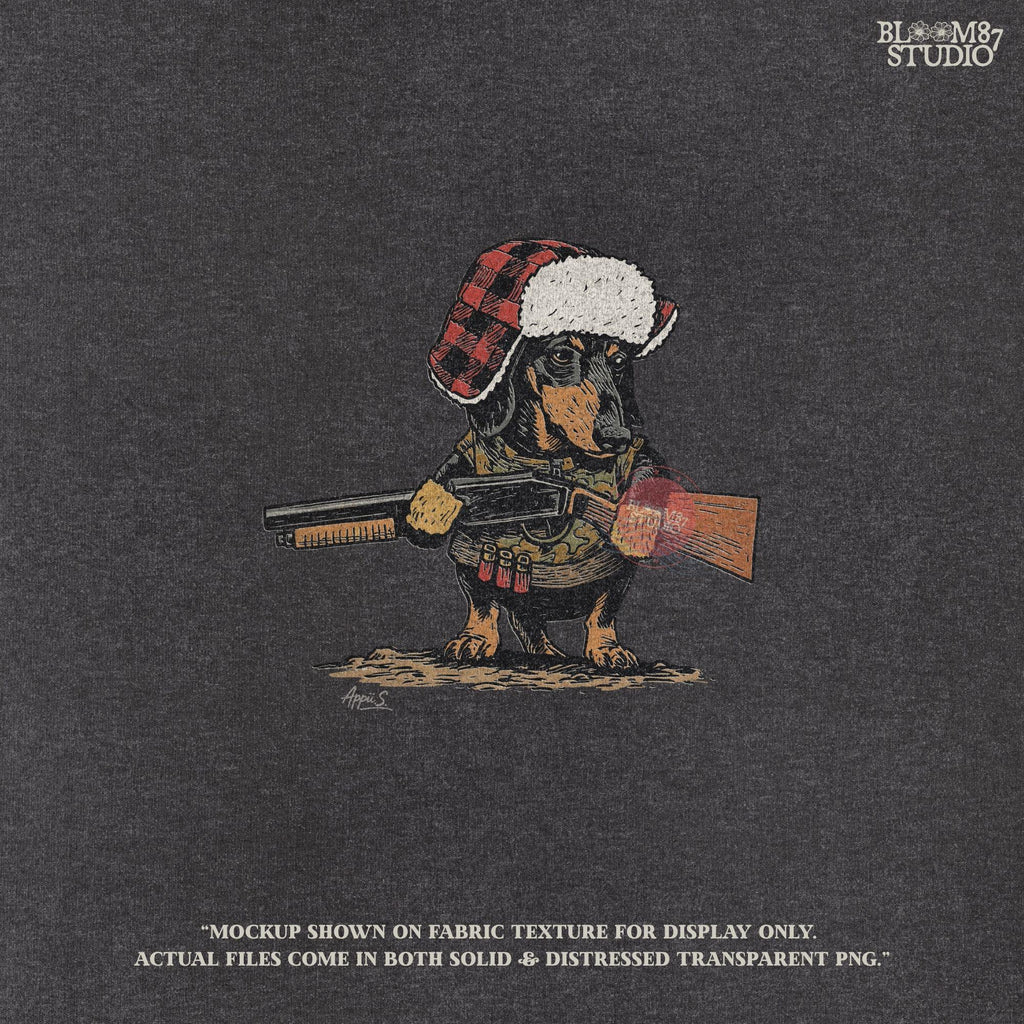 Solid Version:
Vintage illustration of a dachshund wearing a plaid trapper hat and holding a rifle, funny sublimation PNG for hunting-themed crafts and rustic lodge art.

Distressed Version:
Distressed artwork of a hunting dachshund in plaid hat with rifle, quirky sublimation PNG for rustic lodge decor, humorous shirts, and pet designs.