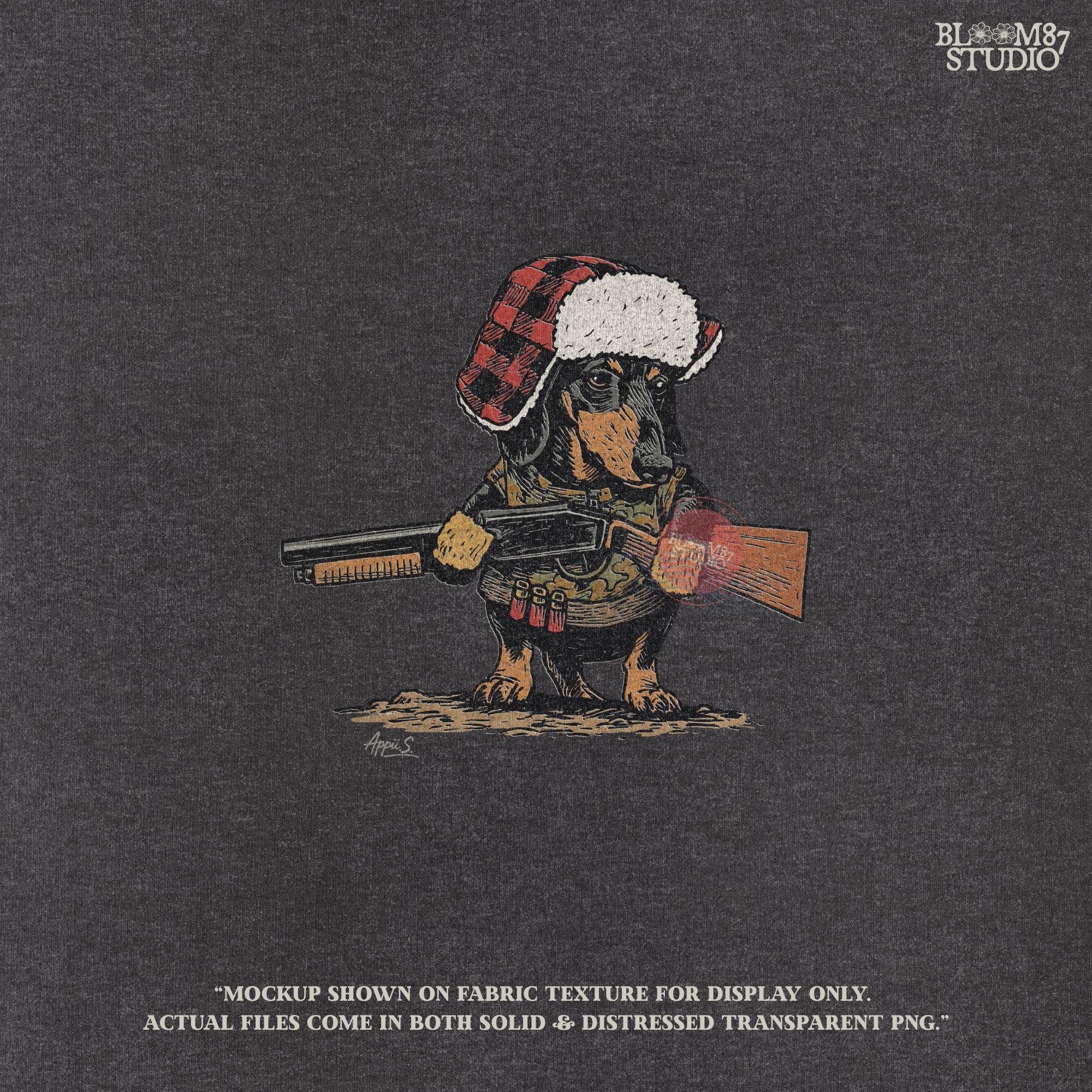 Solid Version:
Vintage illustration of a dachshund wearing a plaid trapper hat and holding a rifle, funny sublimation PNG for hunting-themed crafts and rustic lodge art.

Distressed Version:
Distressed artwork of a hunting dachshund in plaid hat with rifle, quirky sublimation PNG for rustic lodge decor, humorous shirts, and pet designs.