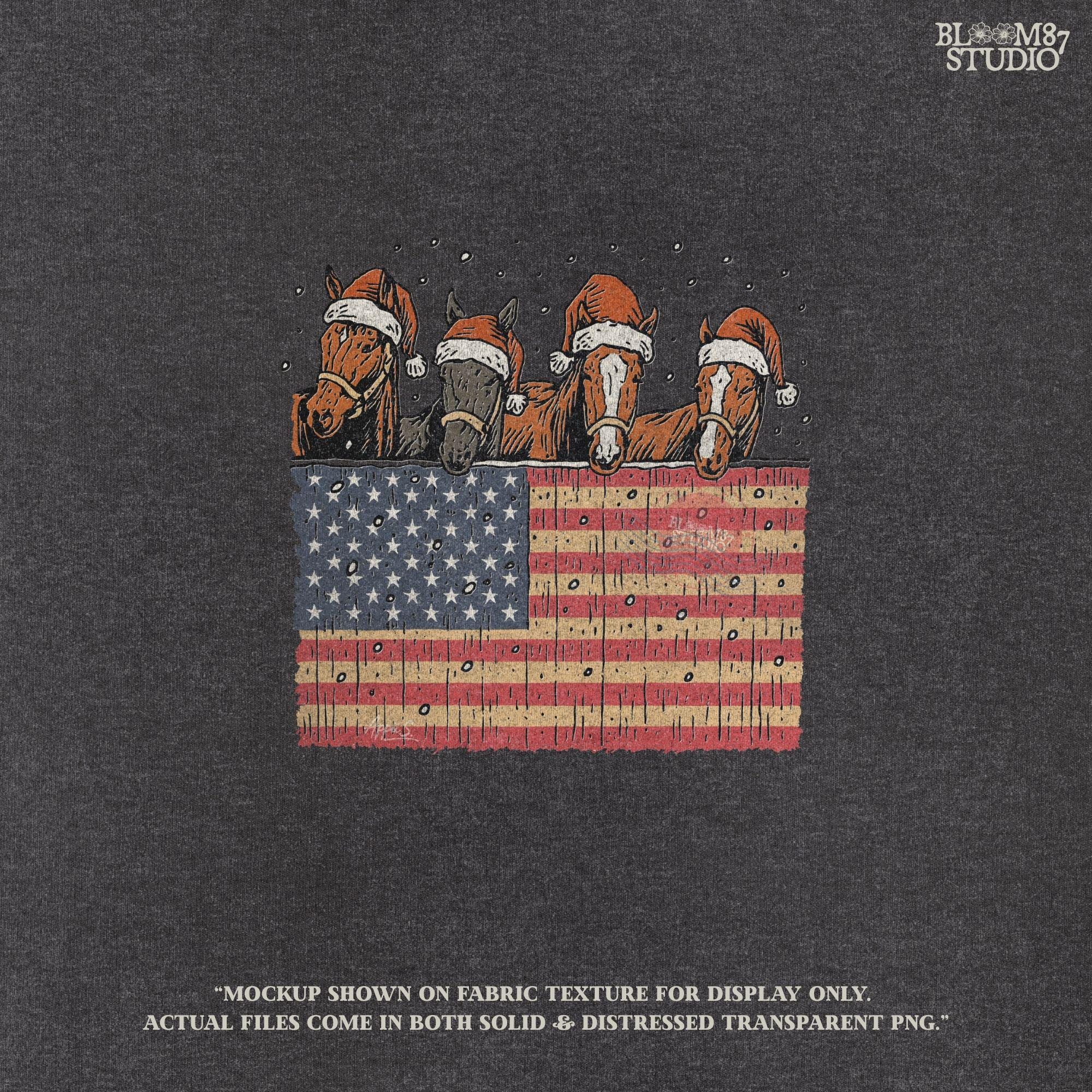 Solid Version:
Vintage illustration of four horses wearing Santa hats behind an American flag with falling snow, sublimation PNG for rustic patriotic Christmas crafts.

Distressed Version:
Distressed Christmas horse artwork with Santa hats and American flag, rustic sublimation PNG perfect for farmhouse holiday decor and festive country designs.