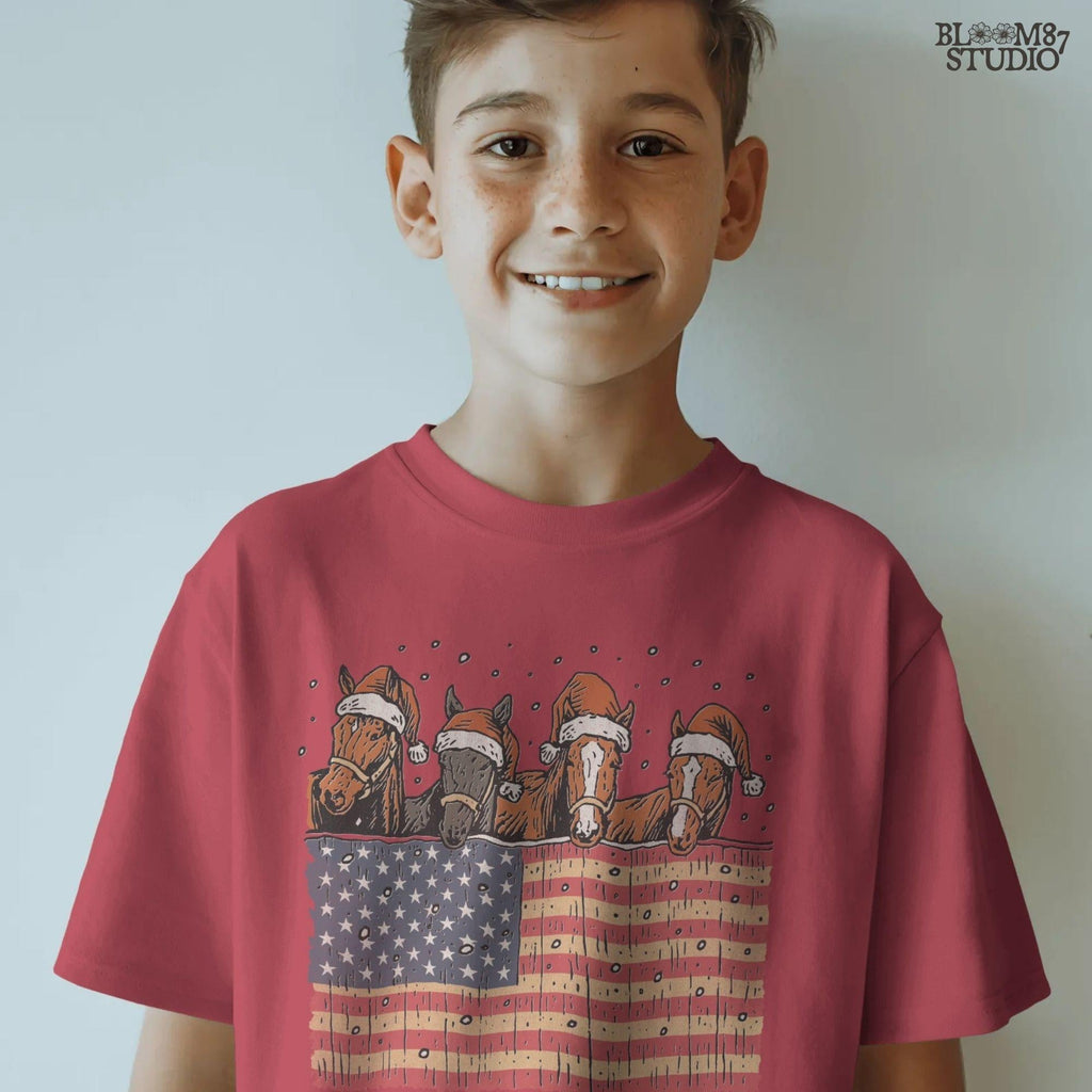 Solid Version:
Vintage illustration of four horses wearing Santa hats behind an American flag with falling snow, sublimation PNG for rustic patriotic Christmas crafts.

Distressed Version:
Distressed Christmas horse artwork with Santa hats and American flag, rustic sublimation PNG perfect for farmhouse holiday decor and festive country designs.