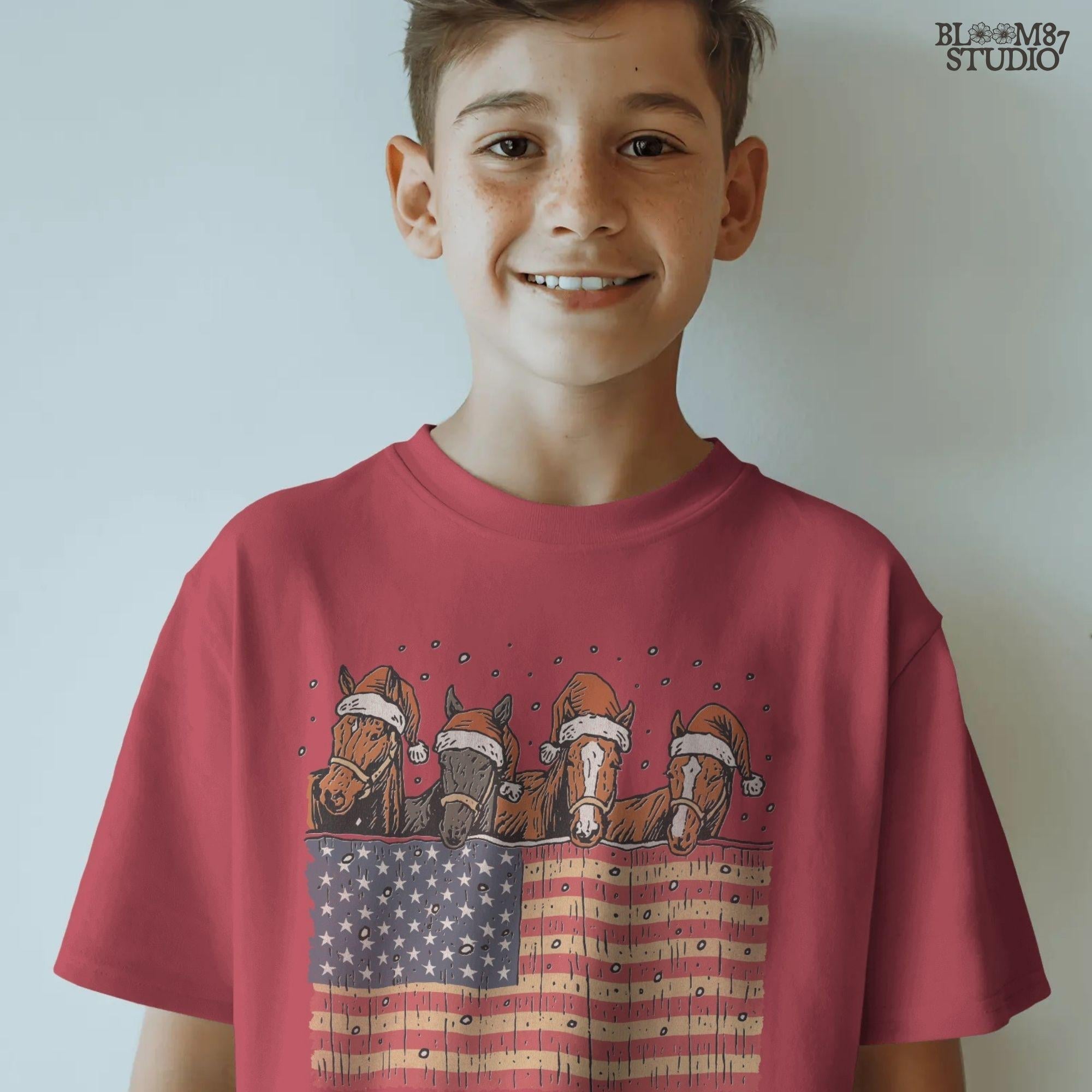 Solid Version:
Vintage illustration of four horses wearing Santa hats behind an American flag with falling snow, sublimation PNG for rustic patriotic Christmas crafts.

Distressed Version:
Distressed Christmas horse artwork with Santa hats and American flag, rustic sublimation PNG perfect for farmhouse holiday decor and festive country designs.