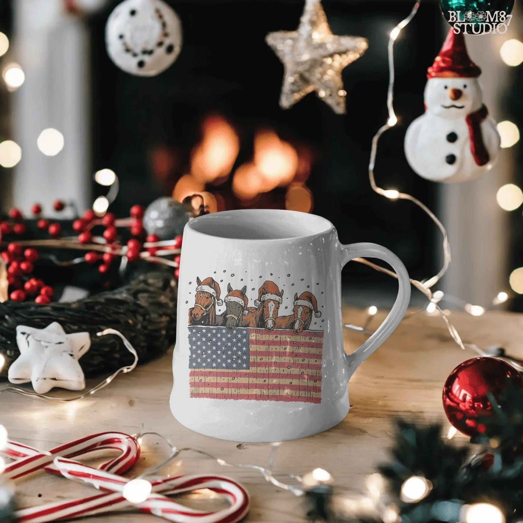 Solid Version:
Vintage illustration of four horses wearing Santa hats behind an American flag with falling snow, sublimation PNG for rustic patriotic Christmas crafts.

Distressed Version:
Distressed Christmas horse artwork with Santa hats and American flag, rustic sublimation PNG perfect for farmhouse holiday decor and festive country designs.