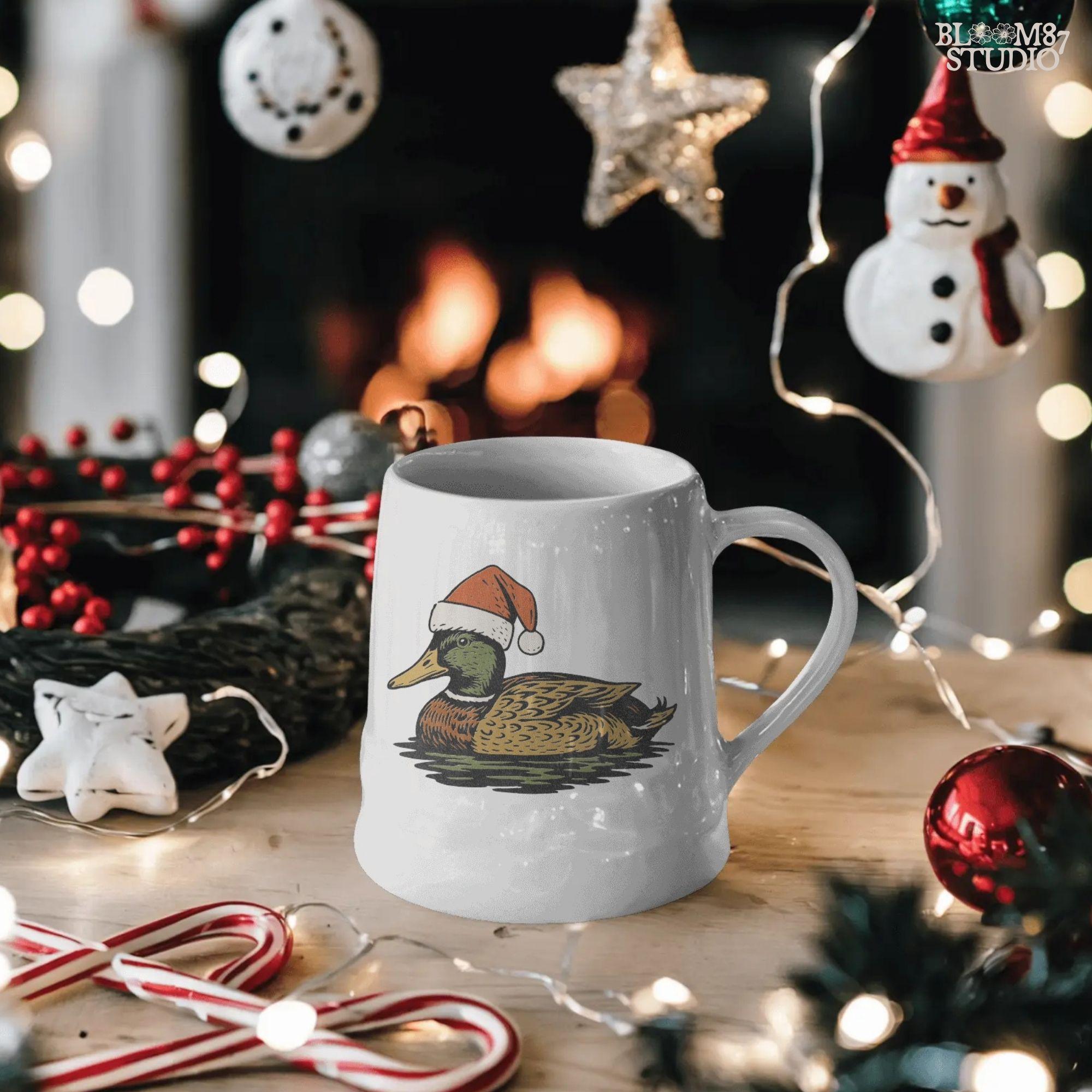 Solid Version:
Vintage illustration of a mallard duck wearing a Santa hat floating on water, sublimation PNG for rustic Christmas crafts and farmhouse holiday decor.

Distressed Version:
Distressed artwork of a festive duck with Santa hat on water, rustic sublimation PNG perfect for farmhouse Christmas shirts, mugs, and seasonal crafts.