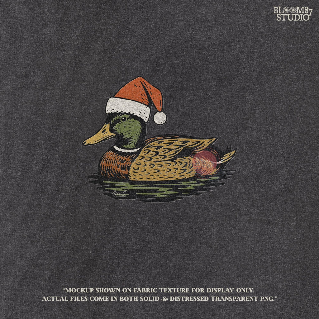 Solid Version:
Vintage illustration of a mallard duck wearing a Santa hat floating on water, sublimation PNG for rustic Christmas crafts and farmhouse holiday decor.

Distressed Version:
Distressed artwork of a festive duck with Santa hat on water, rustic sublimation PNG perfect for farmhouse Christmas shirts, mugs, and seasonal crafts.
