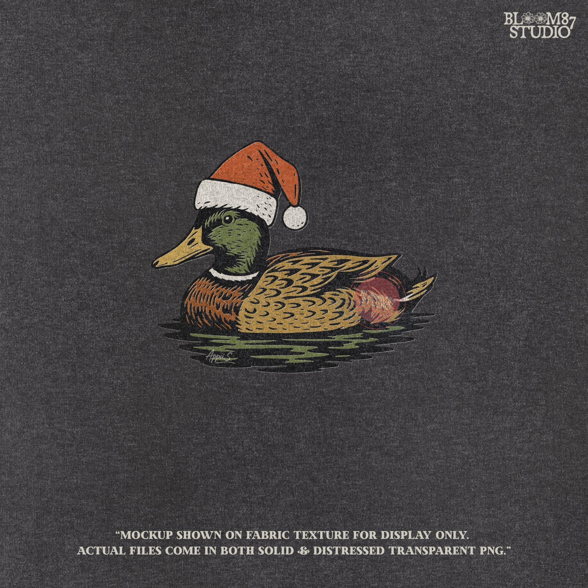 Solid Version:
Vintage illustration of a mallard duck wearing a Santa hat floating on water, sublimation PNG for rustic Christmas crafts and farmhouse holiday decor.

Distressed Version:
Distressed artwork of a festive duck with Santa hat on water, rustic sublimation PNG perfect for farmhouse Christmas shirts, mugs, and seasonal crafts.