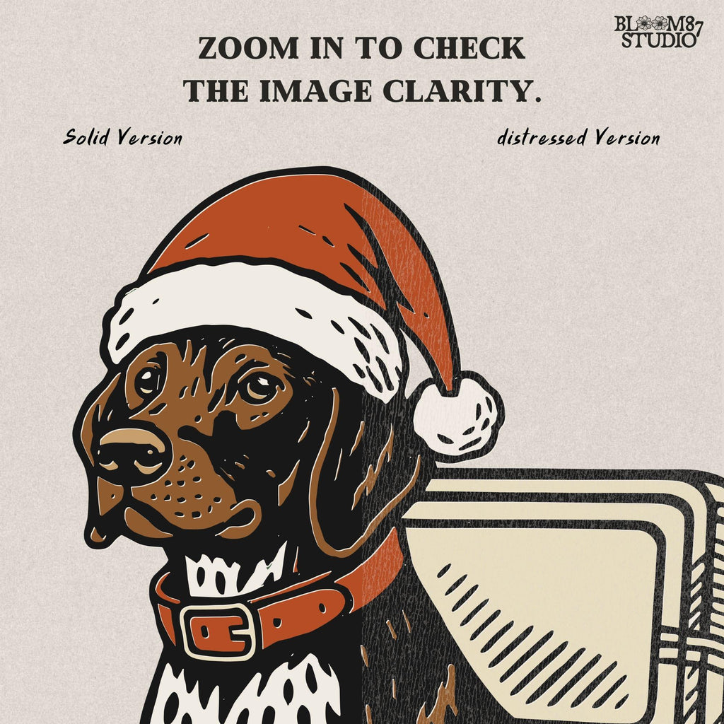 Solid Version:
Vintage illustration of a dog in a Santa hat sitting inside a camo-patterned Christmas cooler, sublimation PNG for rustic holiday crafts and pet decor.

Distressed Version:
Distressed artwork of a Christmas dog in camo cooler with Santa hat, funny sublimation PNG perfect for farmhouse festive shirts, mugs, and seasonal gifts.