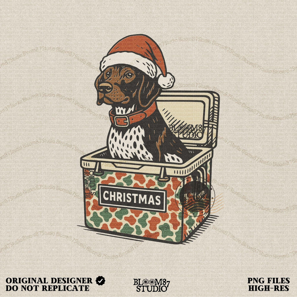 Solid Version:
Vintage illustration of a dog in a Santa hat sitting inside a camo-patterned Christmas cooler, sublimation PNG for rustic holiday crafts and pet decor.

Distressed Version:
Distressed artwork of a Christmas dog in camo cooler with Santa hat, funny sublimation PNG perfect for farmhouse festive shirts, mugs, and seasonal gifts.