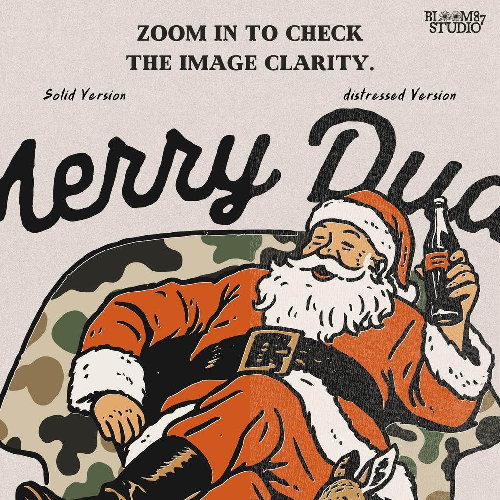 Hand-drawn Santa Claus illustration with camo details, text "Merry Dude", duck and deer companions, relaxed holiday vibe. Great for Christmas Santa camo shirts, holiday sublimation projects, and Christmas gift design ideas.