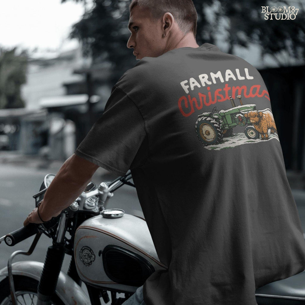 Rustic Christmas farm tractor design with Highland cow in snow, ideal for farmhouse holiday shirts, mugs, tote bags, ornaments, barn Christmas decorations, sublimation crafts, and digital artwork. A unique festive country Christmas PNG perfect for farm families.