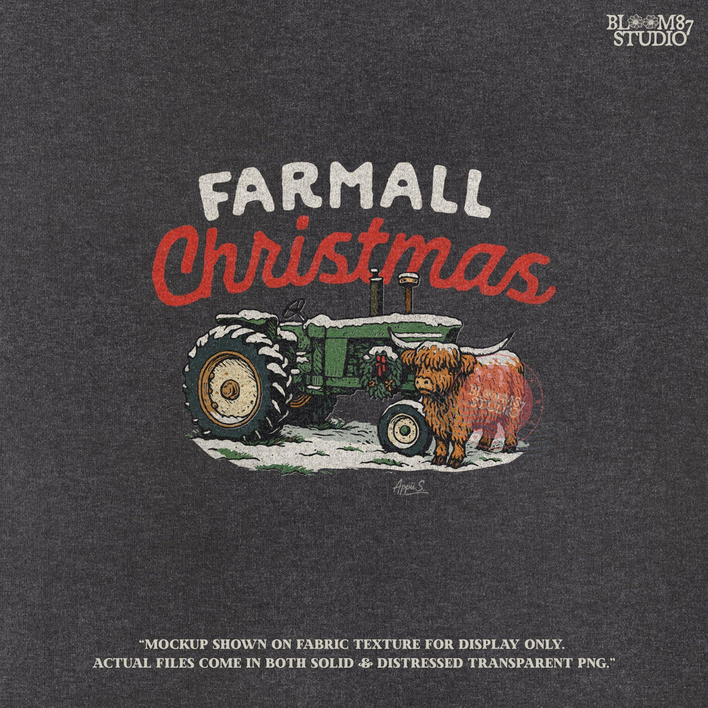 Christmas farm tractor design showing a snowy Farmall tractor with wreath detail and Highland cow. This festive farm scene PNG is great for Christmas sublimation, farmhouse holiday shirts, mugs, cards, ornaments, and barn-inspired country Christmas décor gifts for family and friends.