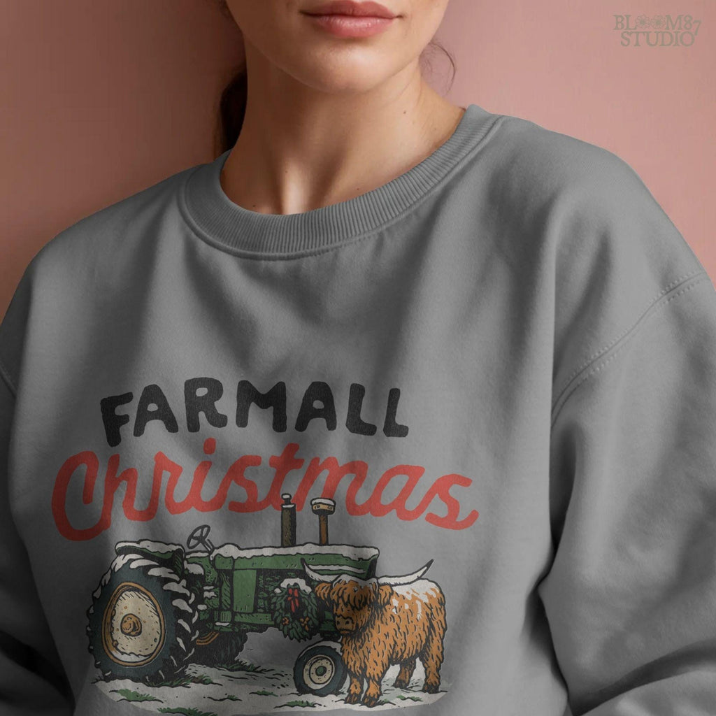 Digital farm Christmas sublimation design with Farmall tractor in snow and Highland cow. Perfect for farmhouse holiday shirts, mugs, tote bags, barn Christmas decorations, country holiday gifts, and rustic sublimation crafts. Unique festive farm tractor design.
