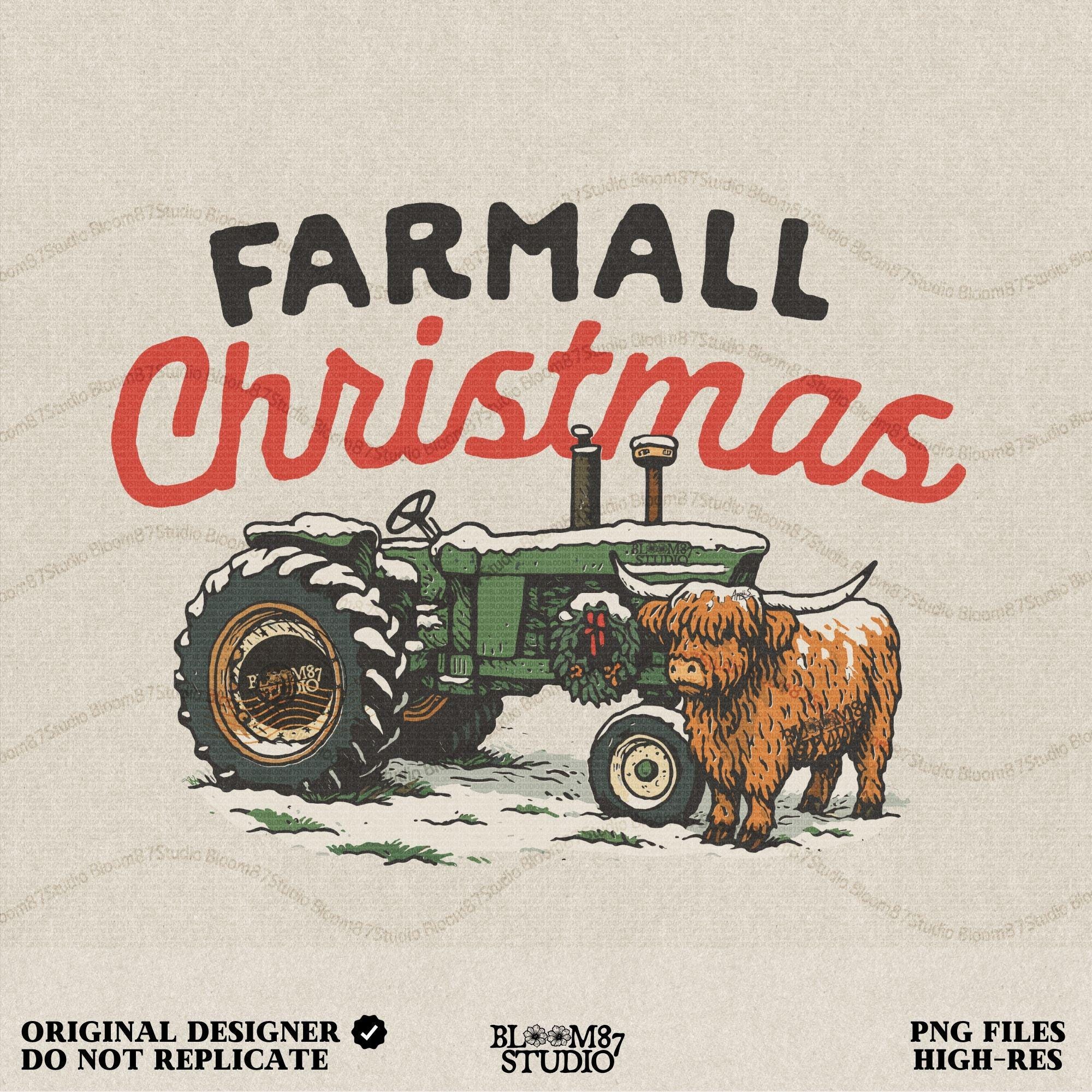 Farm Christmas PNG featuring a green Farmall tractor with snow and a festive wreath, standing beside a Highland cow. Perfect rustic holiday farm design for sublimation projects, Christmas shirts, mugs, tote bags, farmhouse decorations, and digital downloads for country Christmas gifts.