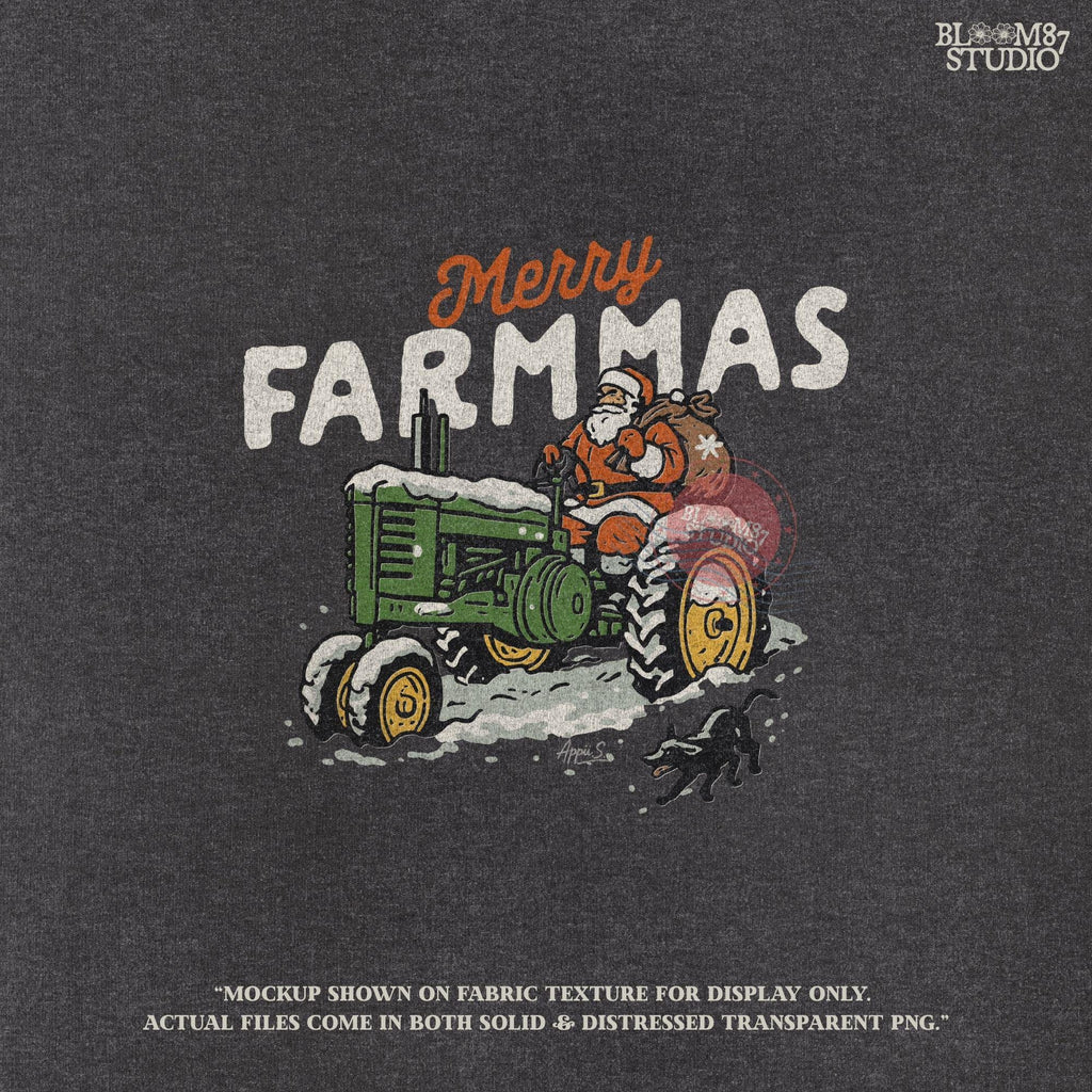 Santa Claus on tractor Merry Farmmas design with snow and holiday sack, farmhouse Christmas PNG file ideal for sublimation projects, festive shirts, mugs, tumblers, farmhouse art and holiday country crafts.