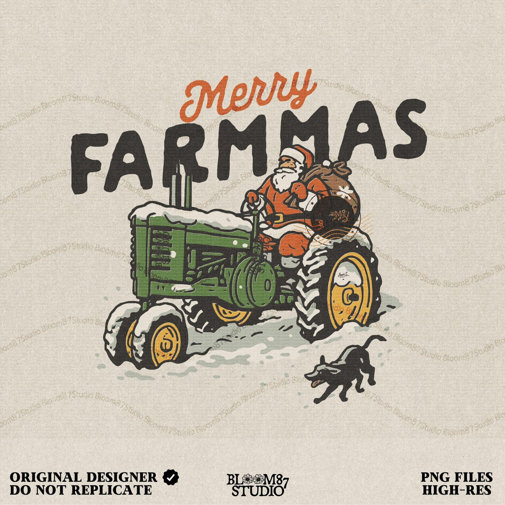 Merry Farmmas Santa Claus driving a green tractor in the snow with gift sack and festive text, farmhouse Christmas PNG perfect for sublimation, shirts, mugs, ornaments, and rustic country holiday crafts.