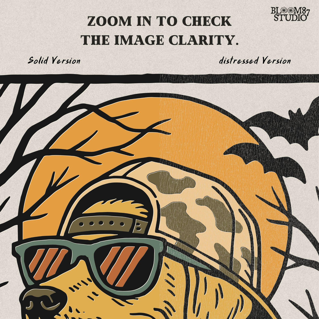 Solid version:
“Golden retriever dog wearing sunglasses and camo hat under full moon with bats – Halloween sublimation PNG design for shirts and crafts”

Distressed version:
“Vintage distressed golden retriever Halloween sublimation PNG of dog in sunglasses and camo hat under moon with bats for spooky designs”