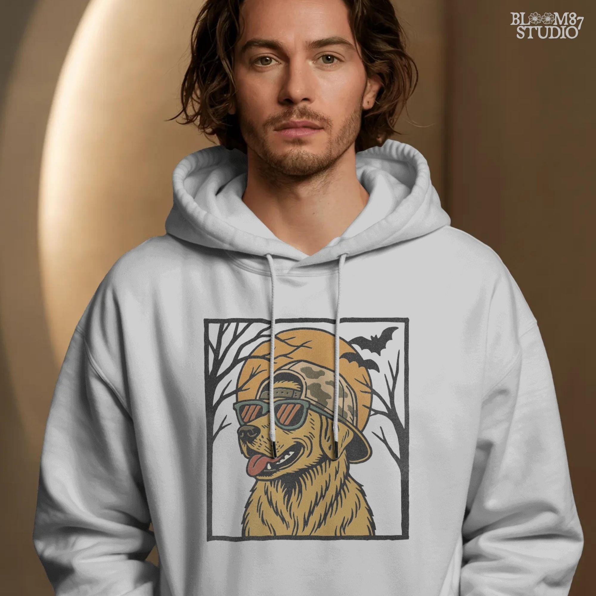 Solid version:
“Golden retriever dog wearing sunglasses and camo hat under full moon with bats – Halloween sublimation PNG design for shirts and crafts”

Distressed version:
“Vintage distressed golden retriever Halloween sublimation PNG of dog in sunglasses and camo hat under moon with bats for spooky designs”