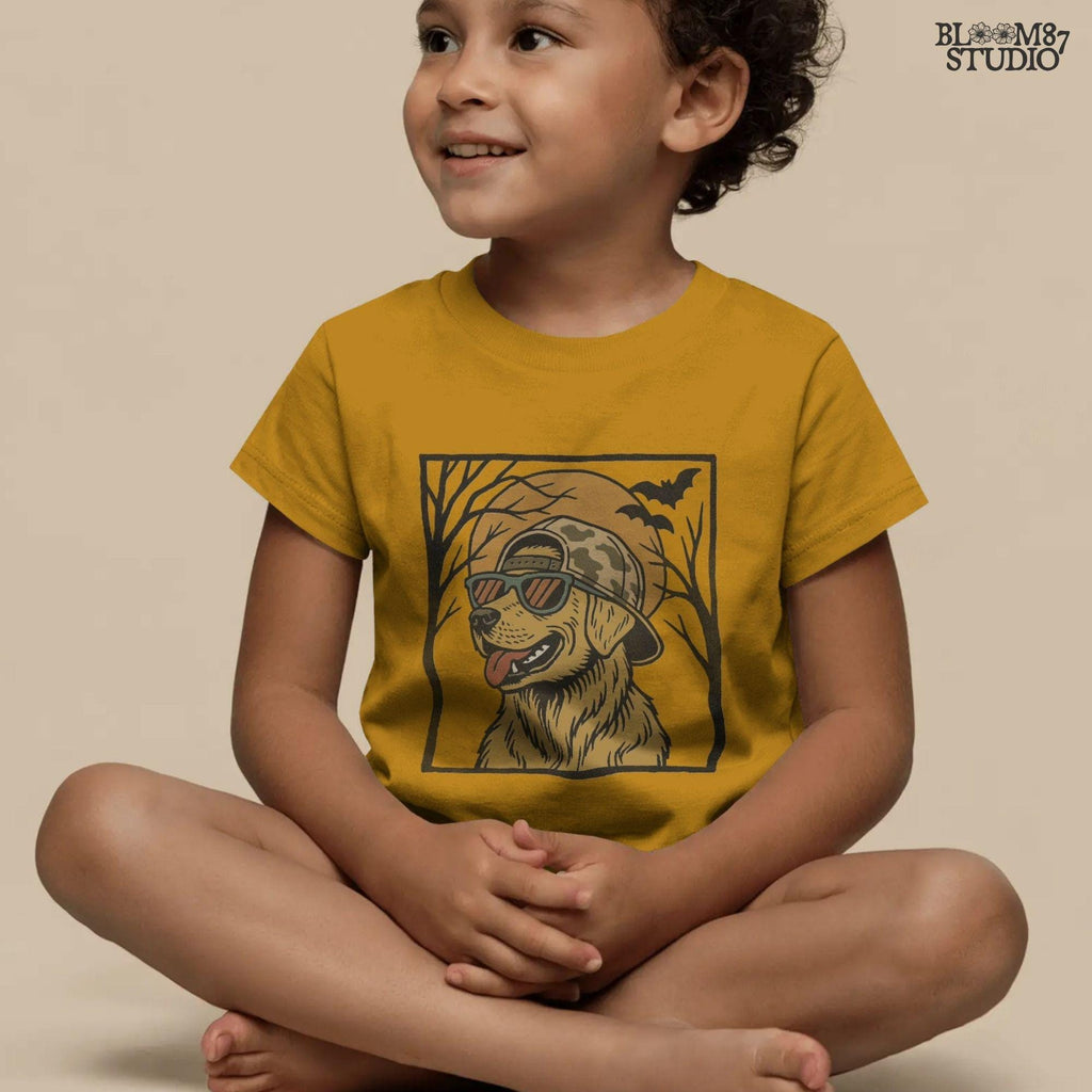 Solid version:
“Golden retriever dog wearing sunglasses and camo hat under full moon with bats – Halloween sublimation PNG design for shirts and crafts”

Distressed version:
“Vintage distressed golden retriever Halloween sublimation PNG of dog in sunglasses and camo hat under moon with bats for spooky designs”