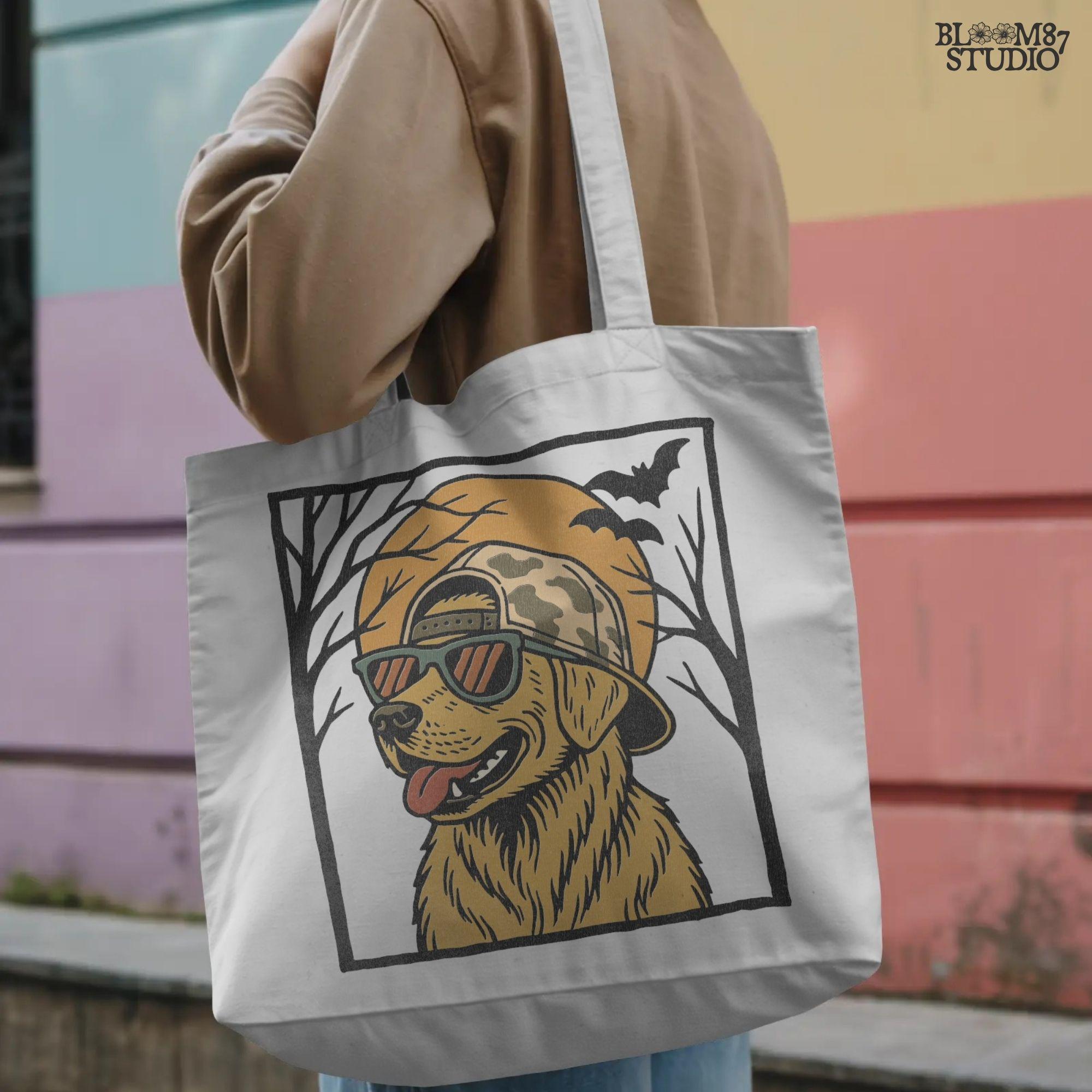 Solid version:
“Golden retriever dog wearing sunglasses and camo hat under full moon with bats – Halloween sublimation PNG design for shirts and crafts”

Distressed version:
“Vintage distressed golden retriever Halloween sublimation PNG of dog in sunglasses and camo hat under moon with bats for spooky designs”