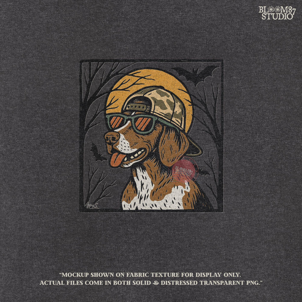 Solid version:
“German Shorthaired Pointer dog wearing sunglasses and camo hat under full moon with bats – Halloween sublimation PNG design”

Distressed version:
“Vintage distressed Halloween sublimation PNG of German Shorthaired Pointer in sunglasses and camo hat under moon with bats”