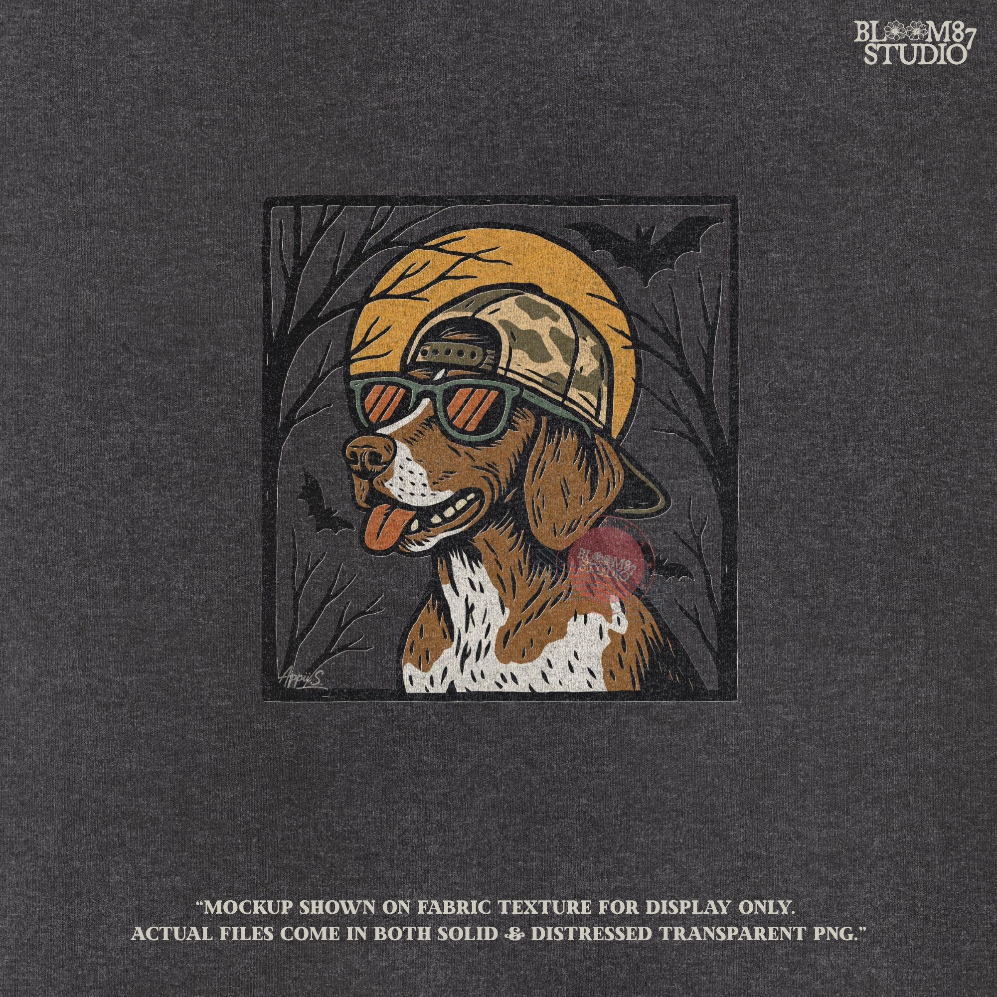 Solid version:
“German Shorthaired Pointer dog wearing sunglasses and camo hat under full moon with bats – Halloween sublimation PNG design”

Distressed version:
“Vintage distressed Halloween sublimation PNG of German Shorthaired Pointer in sunglasses and camo hat under moon with bats”