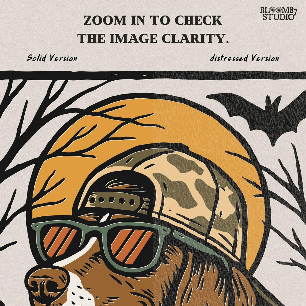 Solid version:
“German Shorthaired Pointer dog wearing sunglasses and camo hat under full moon with bats – Halloween sublimation PNG design”

Distressed version:
“Vintage distressed Halloween sublimation PNG of German Shorthaired Pointer in sunglasses and camo hat under moon with bats”