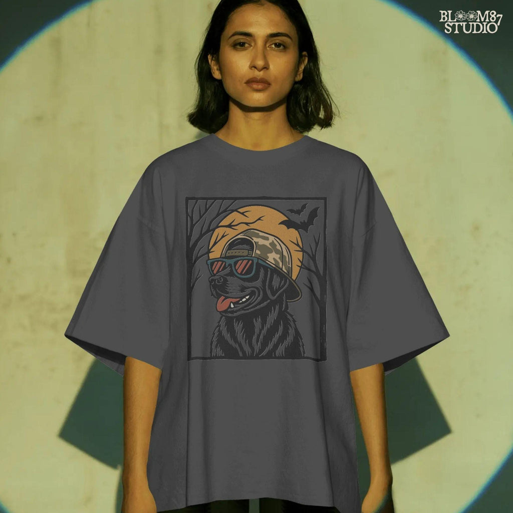 Solid version:
“Black Labrador Retriever wearing sunglasses and camo hat under full moon with bats – Halloween sublimation PNG for shirts and crafts”

Distressed version:
“Vintage distressed Black Lab Halloween sublimation PNG of Labrador Retriever in sunglasses and camo hat under moon with bats”