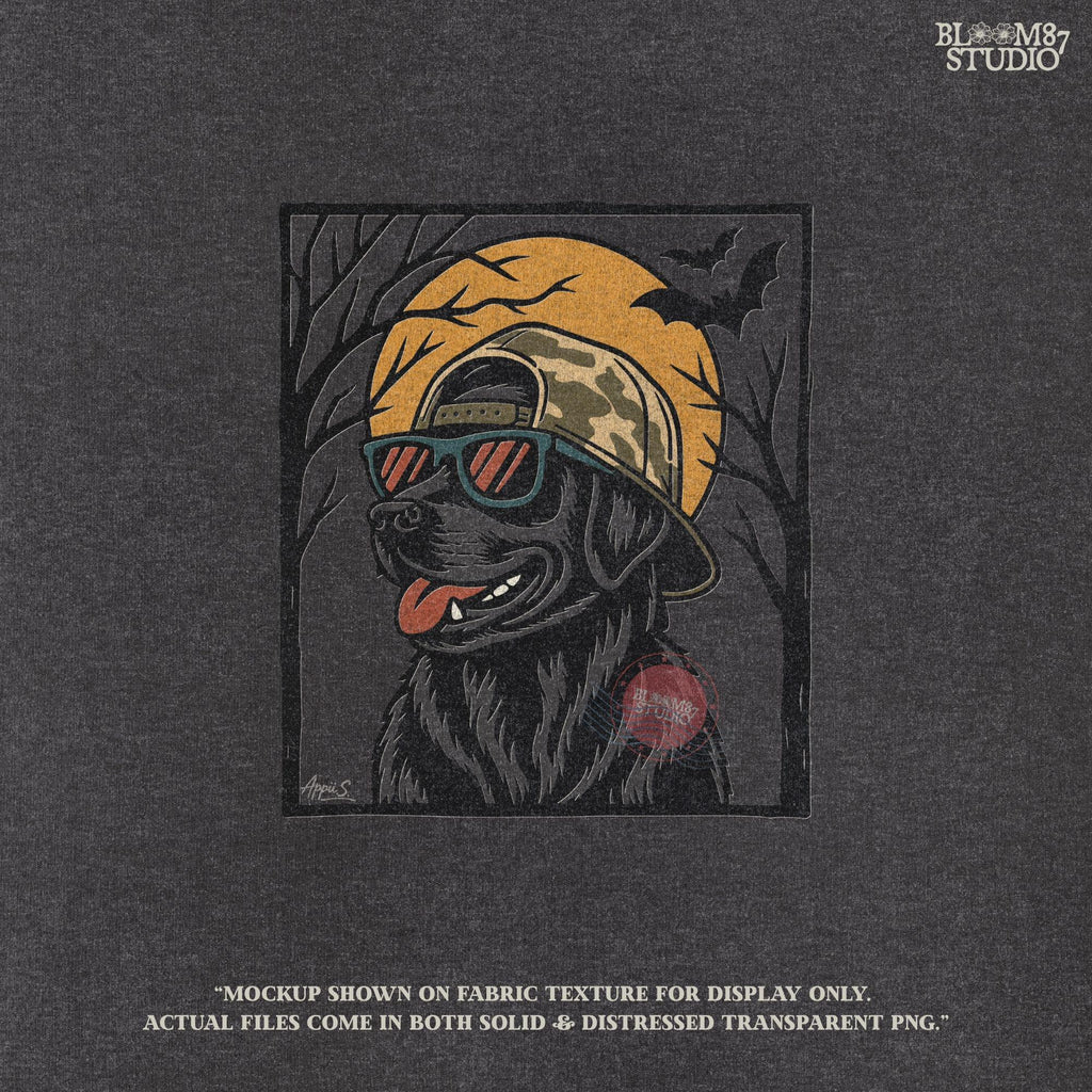 Solid version:
“Black Labrador Retriever wearing sunglasses and camo hat under full moon with bats – Halloween sublimation PNG for shirts and crafts”

Distressed version:
“Vintage distressed Black Lab Halloween sublimation PNG of Labrador Retriever in sunglasses and camo hat under moon with bats”