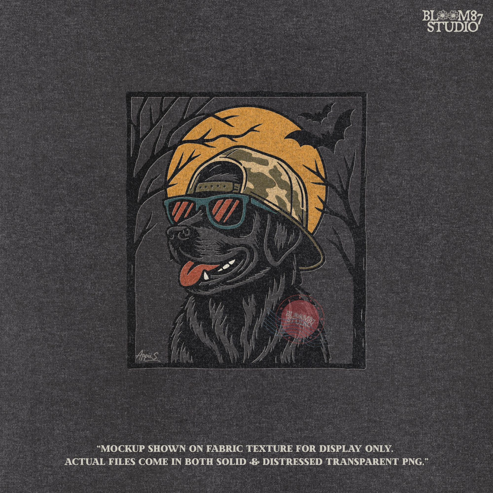 Solid version:
“Black Labrador Retriever wearing sunglasses and camo hat under full moon with bats – Halloween sublimation PNG for shirts and crafts”

Distressed version:
“Vintage distressed Black Lab Halloween sublimation PNG of Labrador Retriever in sunglasses and camo hat under moon with bats”