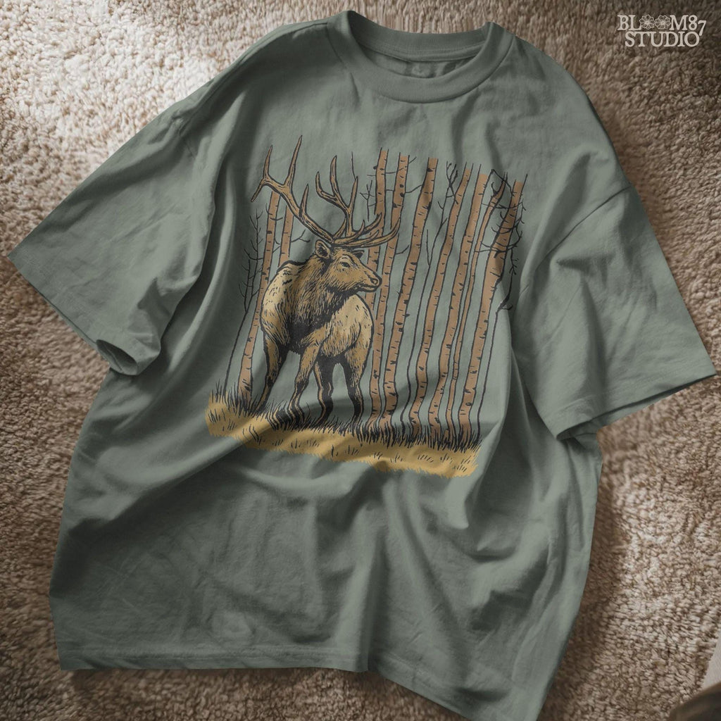 Solid version:
“Elk with large antlers standing in birch forest on grass – rustic deer sublimation PNG for hunting and outdoor crafts”

Distressed version:
“Vintage distressed elk sublimation PNG of deer with antlers in birch forest – rustic hunting and woodland shirt design”