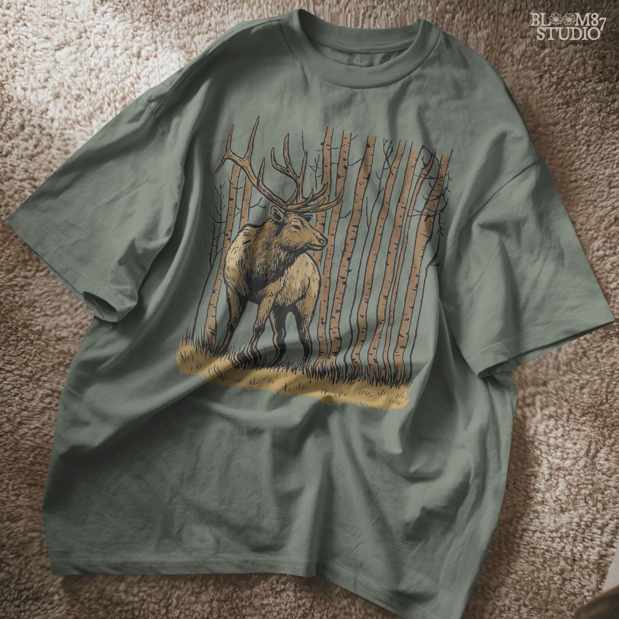 Solid version:
“Elk with large antlers standing in birch forest on grass – rustic deer sublimation PNG for hunting and outdoor crafts”

Distressed version:
“Vintage distressed elk sublimation PNG of deer with antlers in birch forest – rustic hunting and woodland shirt design”