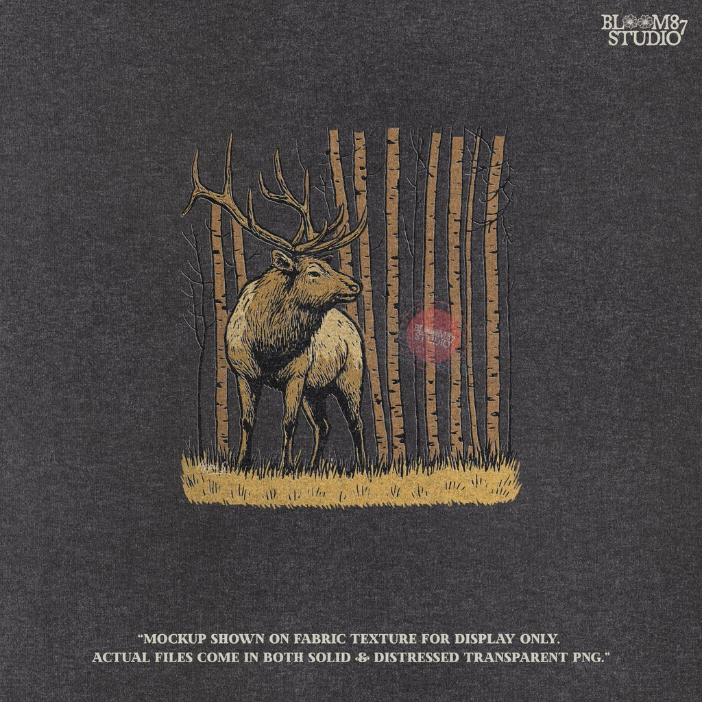 Solid version:
“Elk with large antlers standing in birch forest on grass – rustic deer sublimation PNG for hunting and outdoor crafts”

Distressed version:
“Vintage distressed elk sublimation PNG of deer with antlers in birch forest – rustic hunting and woodland shirt design”