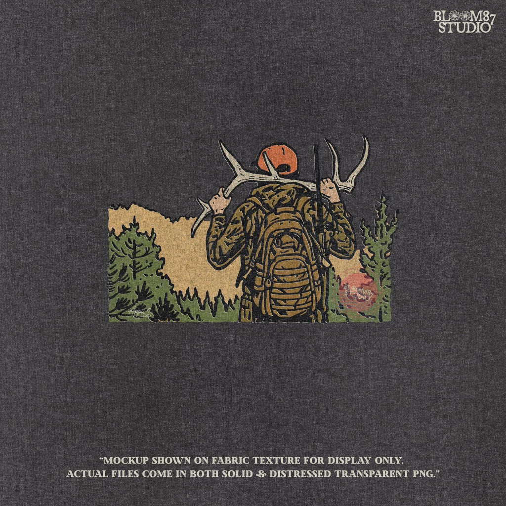 Solid version:
“Hunter carrying deer antlers on shoulders with backpack and rifle in forest – rustic hunting sublimation PNG for outdoor crafts”

Distressed version:
“Vintage distressed hunting sublimation PNG of hunter in camo with backpack and rifle carrying antlers in forest”