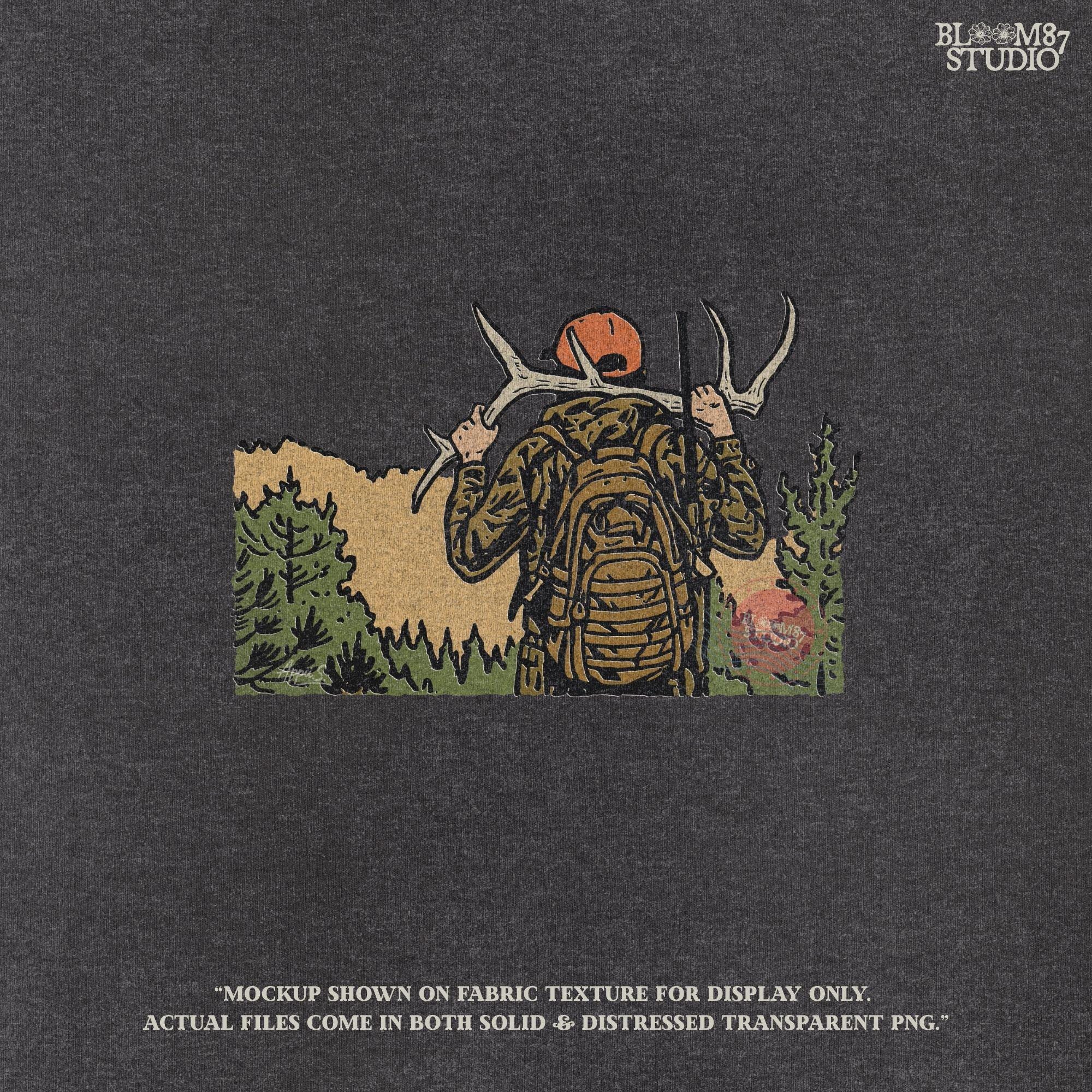 Solid version:
“Hunter carrying deer antlers on shoulders with backpack and rifle in forest – rustic hunting sublimation PNG for outdoor crafts”

Distressed version:
“Vintage distressed hunting sublimation PNG of hunter in camo with backpack and rifle carrying antlers in forest”