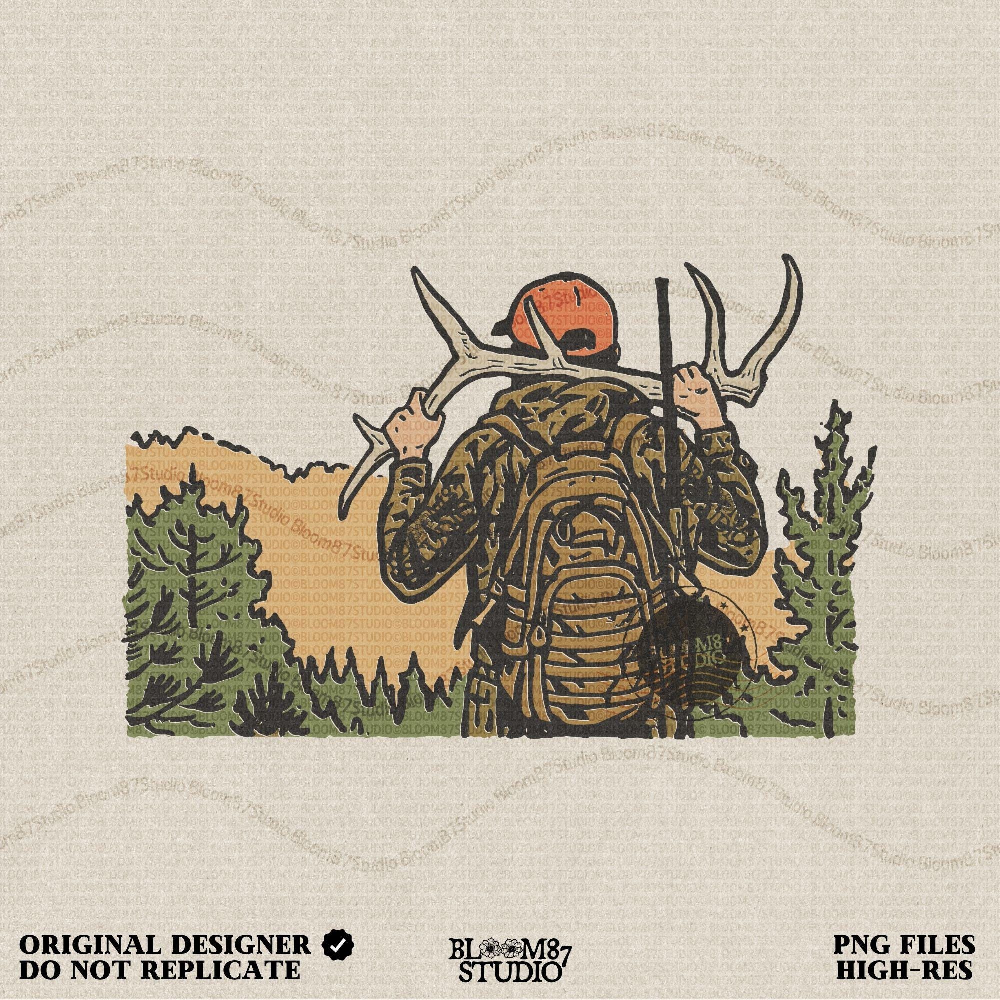 Solid version:
“Hunter carrying deer antlers on shoulders with backpack and rifle in forest – rustic hunting sublimation PNG for outdoor crafts”

Distressed version:
“Vintage distressed hunting sublimation PNG of hunter in camo with backpack and rifle carrying antlers in forest”