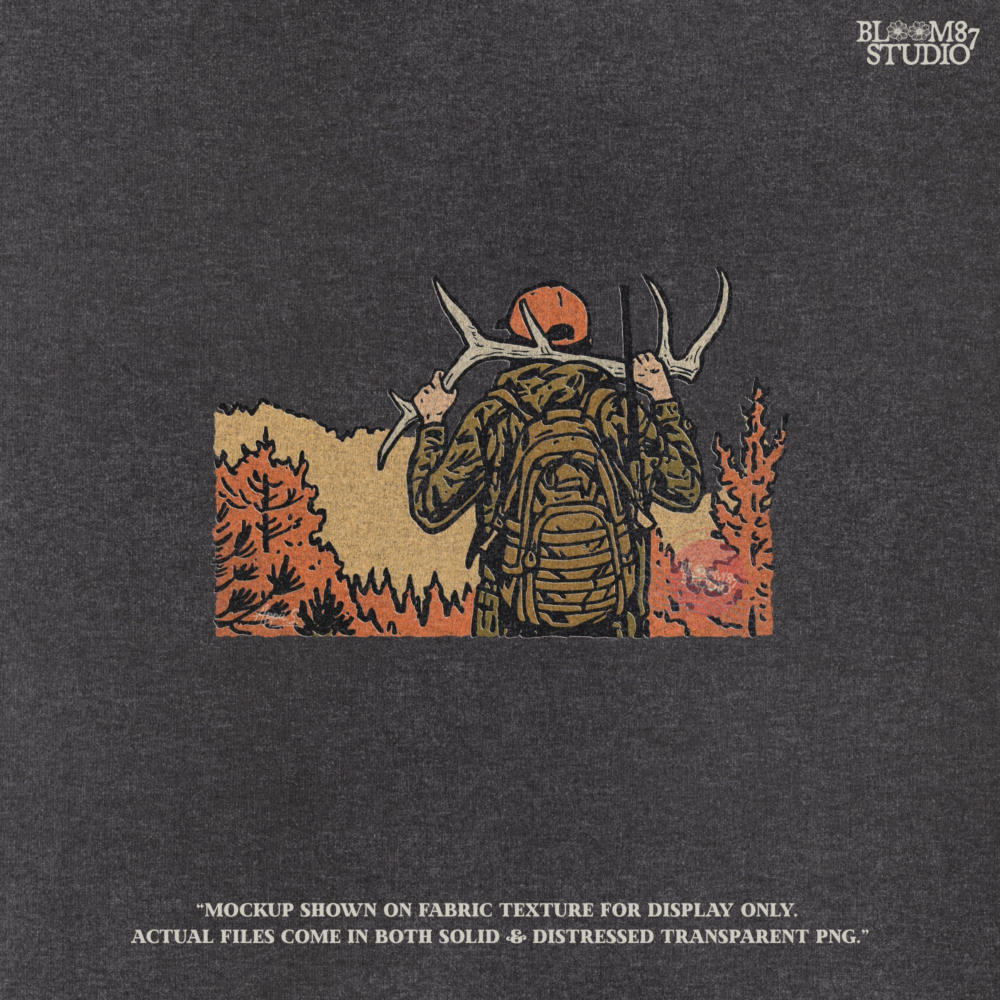 Solid version:
“Hunter carrying deer antlers with backpack in autumn forest – rustic hunting sublimation PNG for shirts and outdoor crafts”

Distressed version:
“Vintage distressed hunting sublimation PNG of hunter with antlers and backpack in autumn forest – rustic outdoor shirt design”
