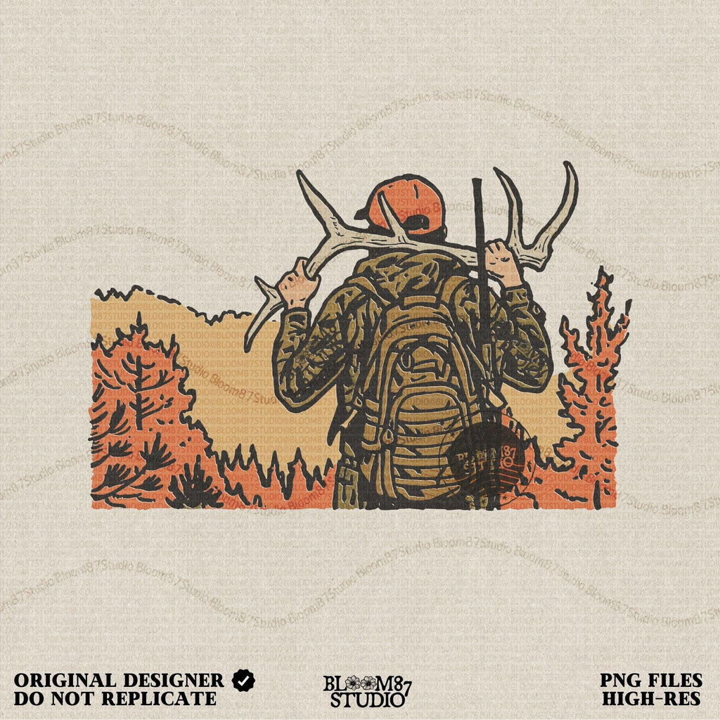 Solid version:
“Hunter carrying deer antlers with backpack in autumn forest – rustic hunting sublimation PNG for shirts and outdoor crafts”

Distressed version:
“Vintage distressed hunting sublimation PNG of hunter with antlers and backpack in autumn forest – rustic outdoor shirt design”