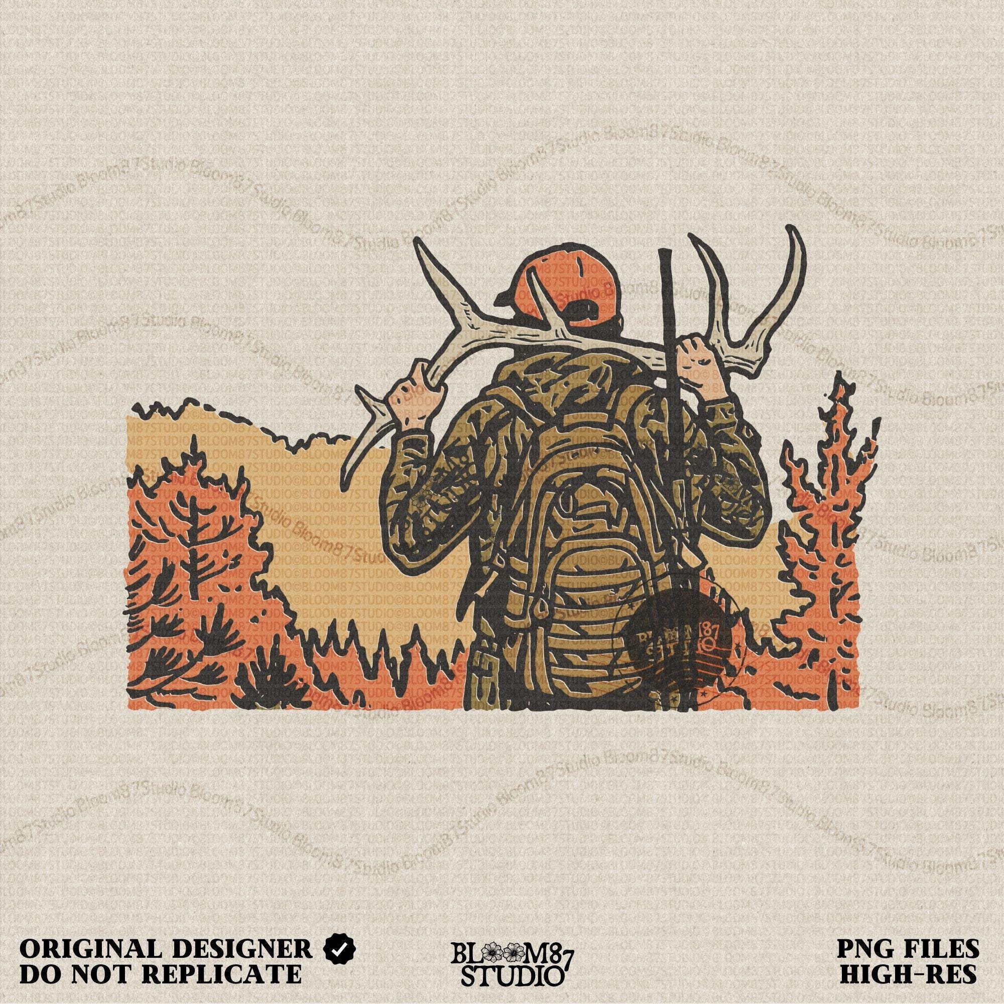 Solid version:
“Hunter carrying deer antlers with backpack in autumn forest – rustic hunting sublimation PNG for shirts and outdoor crafts”

Distressed version:
“Vintage distressed hunting sublimation PNG of hunter with antlers and backpack in autumn forest – rustic outdoor shirt design”