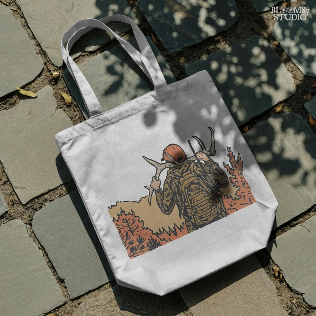 Solid version:
“Hunter carrying deer antlers with backpack in autumn forest – rustic hunting sublimation PNG for shirts and outdoor crafts”

Distressed version:
“Vintage distressed hunting sublimation PNG of hunter with antlers and backpack in autumn forest – rustic outdoor shirt design”