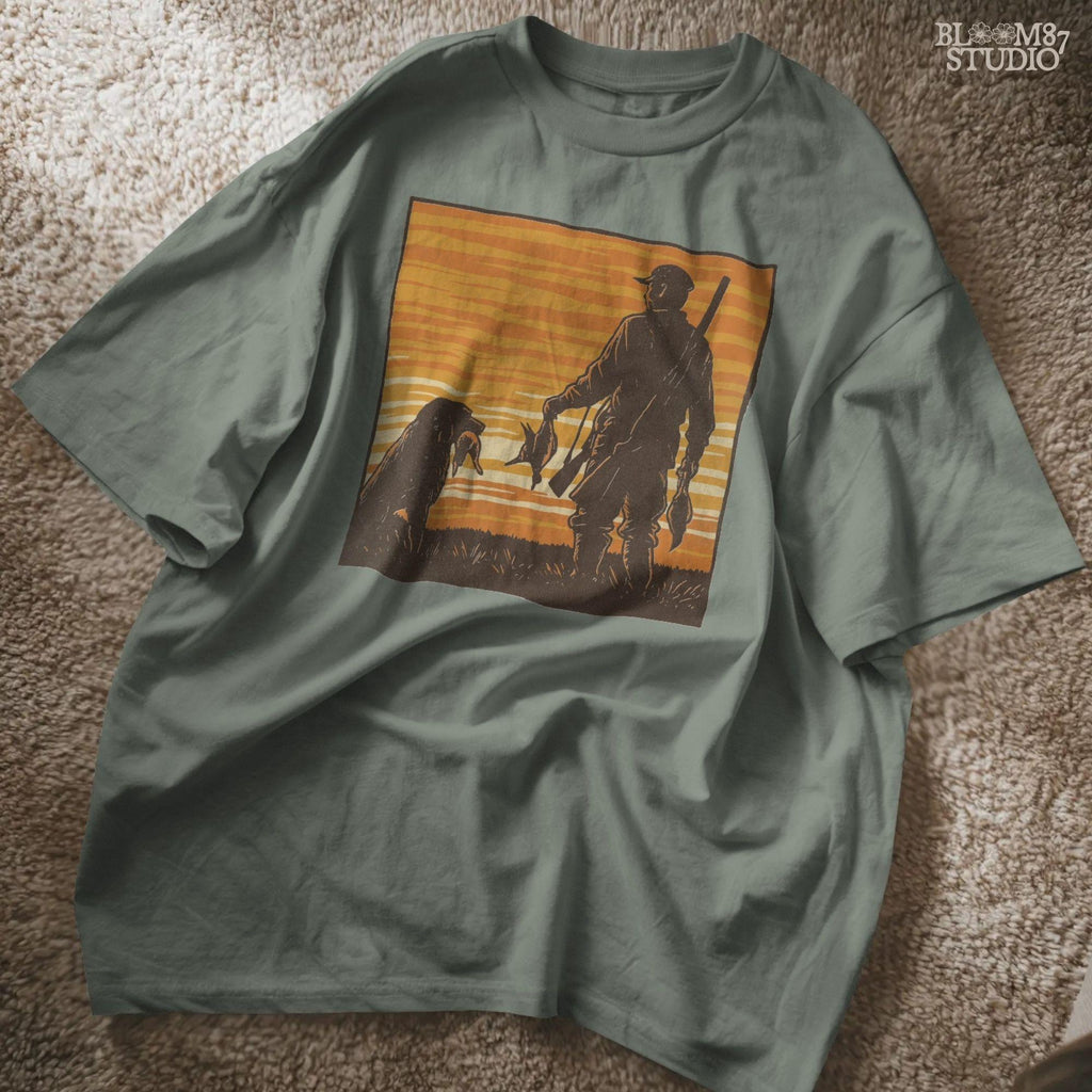 Solid version:
“Hunter with shotgun holding ducks standing beside retriever dog at sunset – rustic hunting sublimation PNG for crafts and shirts”

Distressed version:
“Vintage distressed hunting sublimation PNG of hunter and retriever dog holding ducks at sunset – rustic outdoor shirt design”