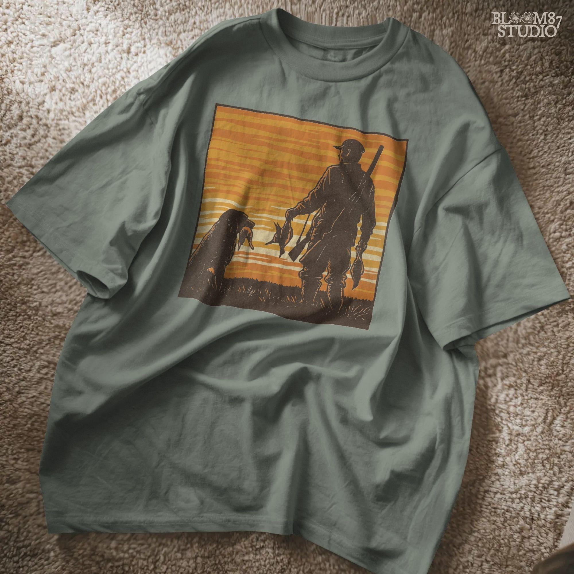 Solid version:
“Hunter with shotgun holding ducks standing beside retriever dog at sunset – rustic hunting sublimation PNG for crafts and shirts”

Distressed version:
“Vintage distressed hunting sublimation PNG of hunter and retriever dog holding ducks at sunset – rustic outdoor shirt design”