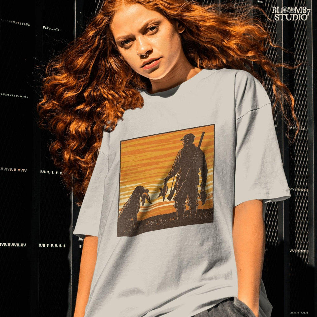 Solid version:
“Hunter with shotgun holding ducks standing beside retriever dog at sunset – rustic hunting sublimation PNG for crafts and shirts”

Distressed version:
“Vintage distressed hunting sublimation PNG of hunter and retriever dog holding ducks at sunset – rustic outdoor shirt design”