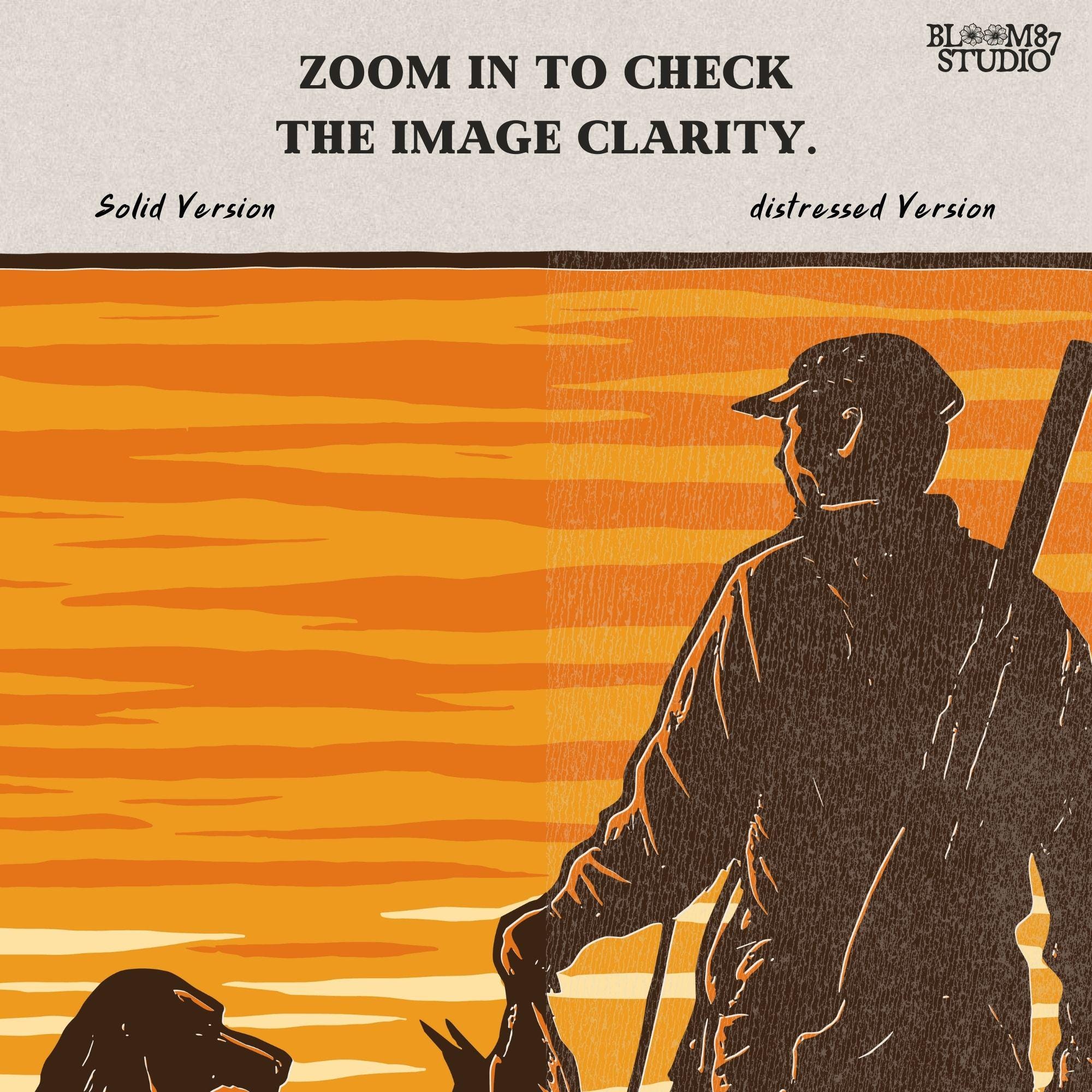 Solid version:
“Hunter with shotgun holding ducks standing beside retriever dog at sunset – rustic hunting sublimation PNG for crafts and shirts”

Distressed version:
“Vintage distressed hunting sublimation PNG of hunter and retriever dog holding ducks at sunset – rustic outdoor shirt design”