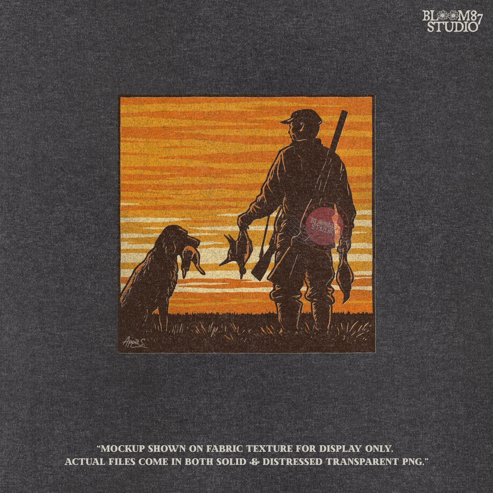 Solid version:
“Hunter with shotgun holding ducks standing beside retriever dog at sunset – rustic hunting sublimation PNG for crafts and shirts”

Distressed version:
“Vintage distressed hunting sublimation PNG of hunter and retriever dog holding ducks at sunset – rustic outdoor shirt design”