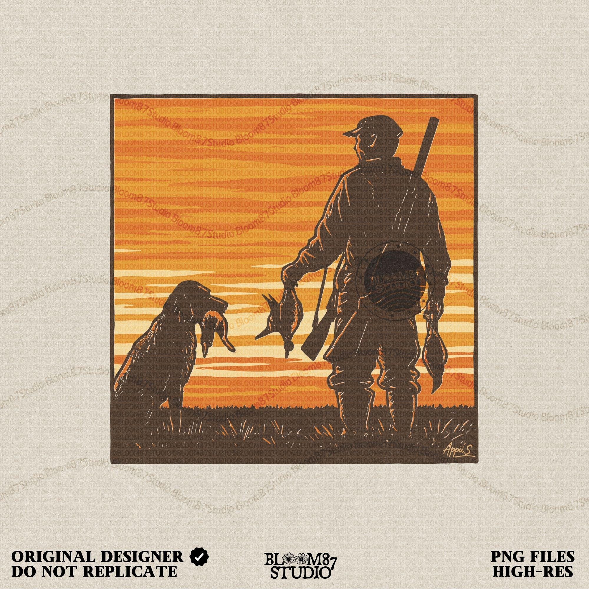 Solid version:
“Hunter with shotgun holding ducks standing beside retriever dog at sunset – rustic hunting sublimation PNG for crafts and shirts”

Distressed version:
“Vintage distressed hunting sublimation PNG of hunter and retriever dog holding ducks at sunset – rustic outdoor shirt design”