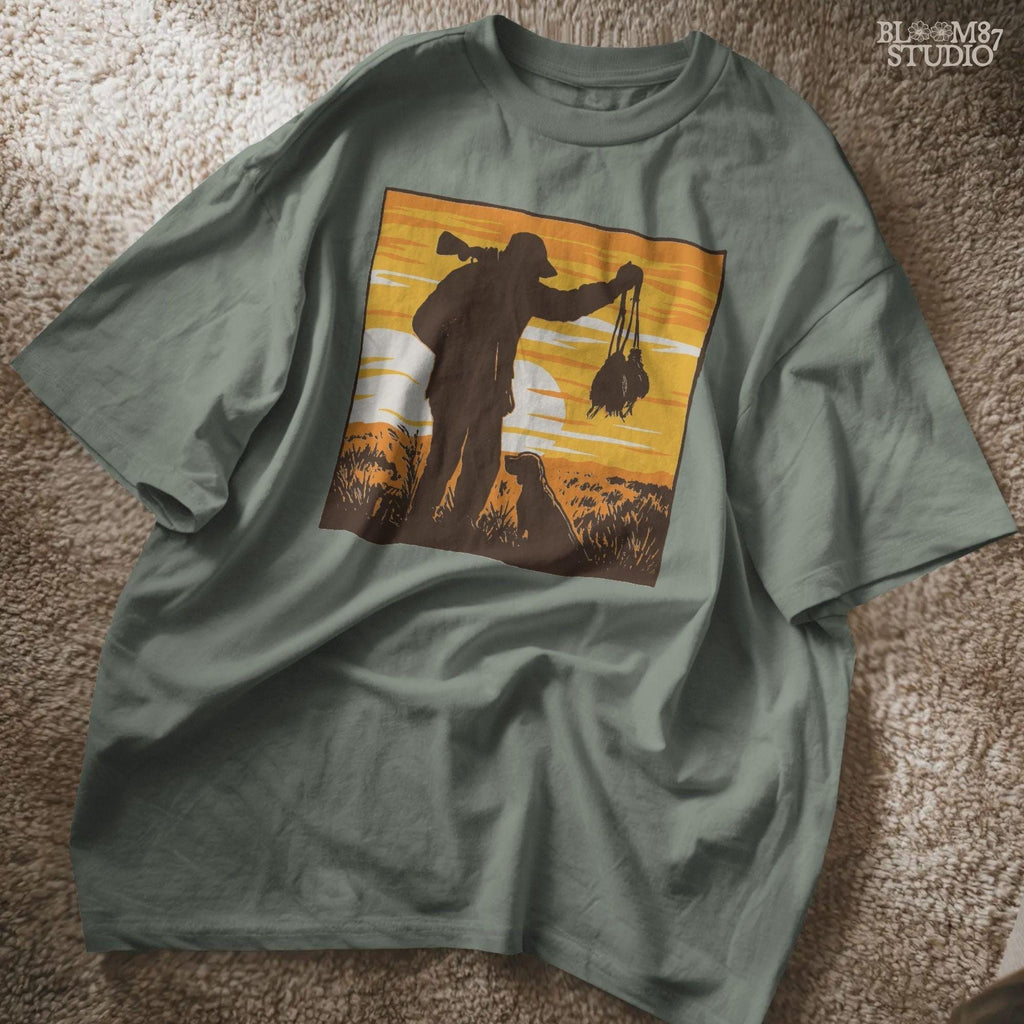 Solid version:
“Hunter with rifle carrying game birds standing beside retriever dog at sunset – rustic hunting sublimation PNG for crafts and shirts”

Distressed version:
“Vintage distressed hunting sublimation PNG of hunter with rifle and retriever dog holding game birds at sunset – rustic outdoor shirt design”