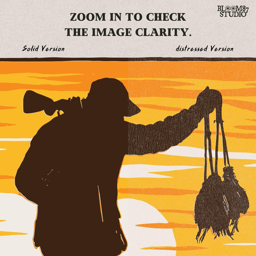 Solid version:
“Hunter with rifle carrying game birds standing beside retriever dog at sunset – rustic hunting sublimation PNG for crafts and shirts”

Distressed version:
“Vintage distressed hunting sublimation PNG of hunter with rifle and retriever dog holding game birds at sunset – rustic outdoor shirt design”