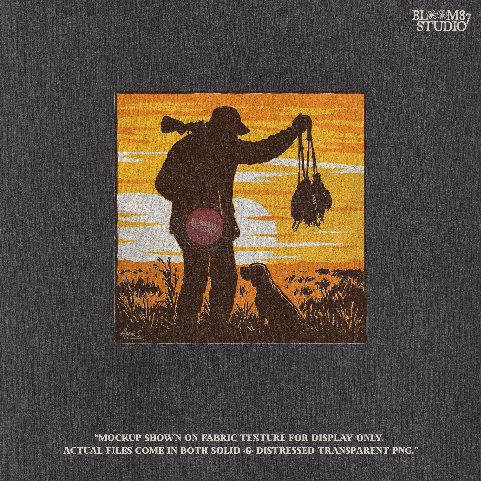 Solid version:
“Hunter with rifle carrying game birds standing beside retriever dog at sunset – rustic hunting sublimation PNG for crafts and shirts”

Distressed version:
“Vintage distressed hunting sublimation PNG of hunter with rifle and retriever dog holding game birds at sunset – rustic outdoor shirt design”