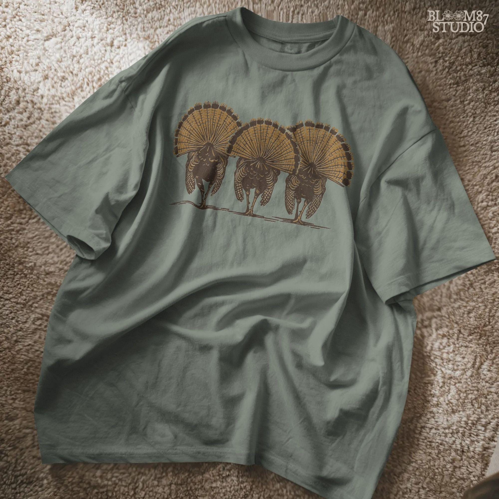 Solid version:
“Three wild turkeys with large tail feathers displayed – rustic turkey sublimation PNG for farmhouse crafts and hunting designs”

Distressed version:
“Vintage distressed turkey sublimation PNG of three wild turkeys with tail feathers fanned out – rustic hunting and farmhouse shirt design”