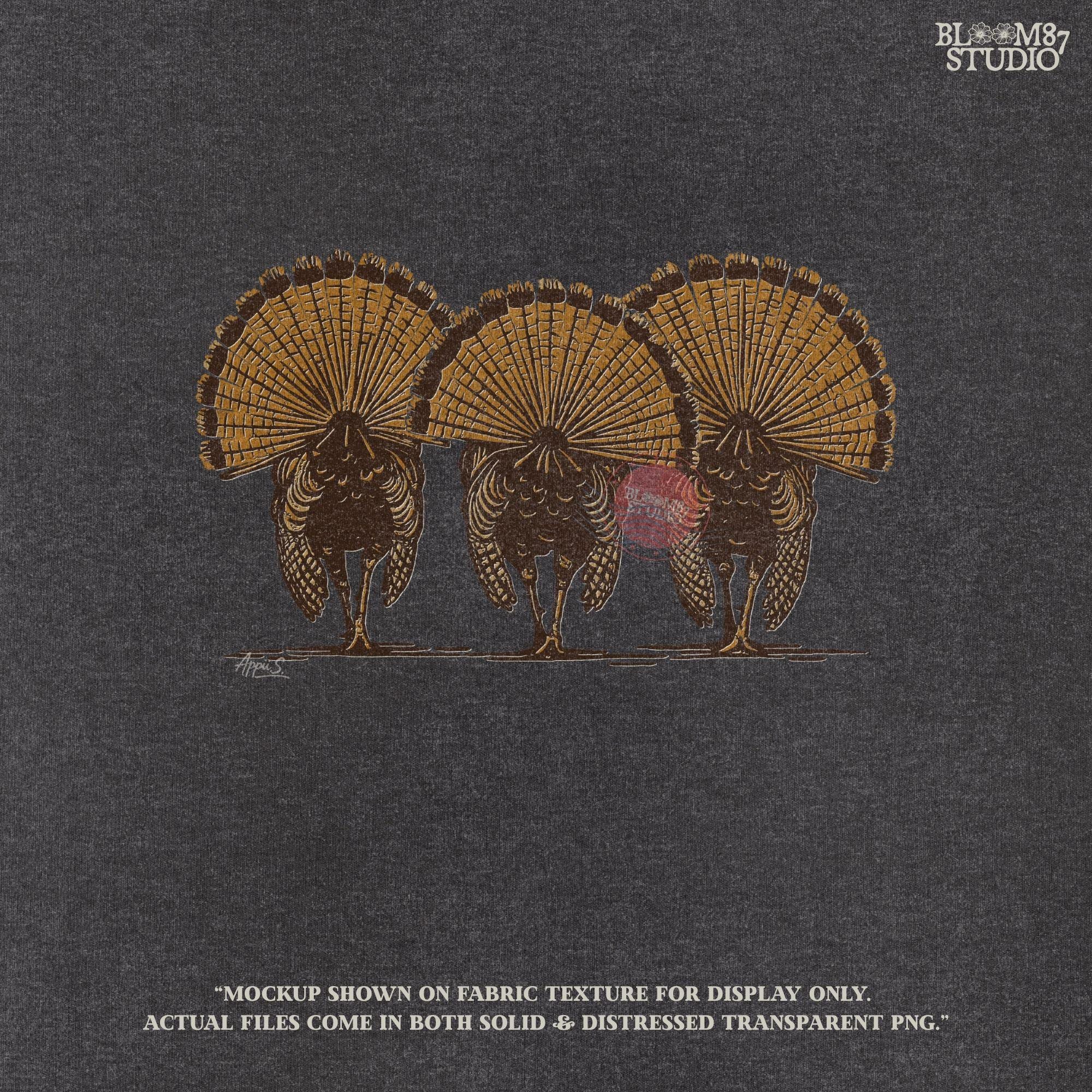 Solid version:
“Three wild turkeys with large tail feathers displayed – rustic turkey sublimation PNG for farmhouse crafts and hunting designs”

Distressed version:
“Vintage distressed turkey sublimation PNG of three wild turkeys with tail feathers fanned out – rustic hunting and farmhouse shirt design”